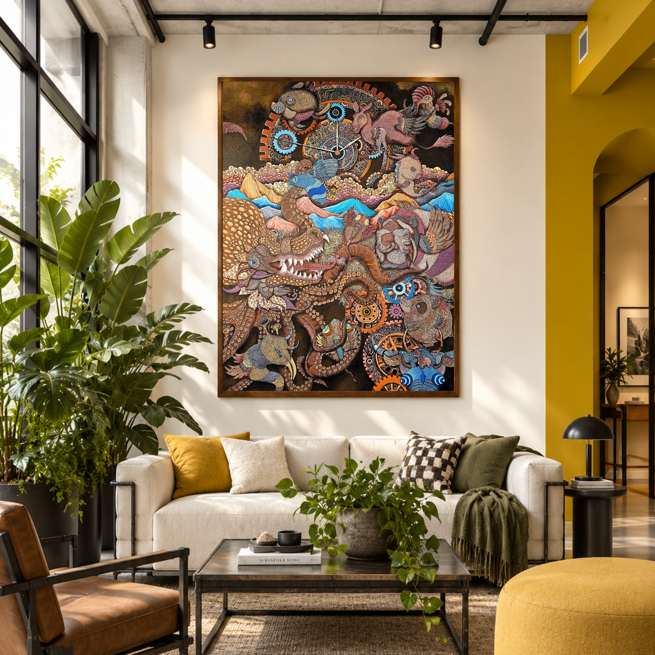 A large, highly detailed, colorful fantasy tapestry or wall art piece hangs on a white wall in a modern, sunlit living room. The room features a white sofa with yellow and green pillows, a black coffee table, a yellow pouf, and large potted plants.