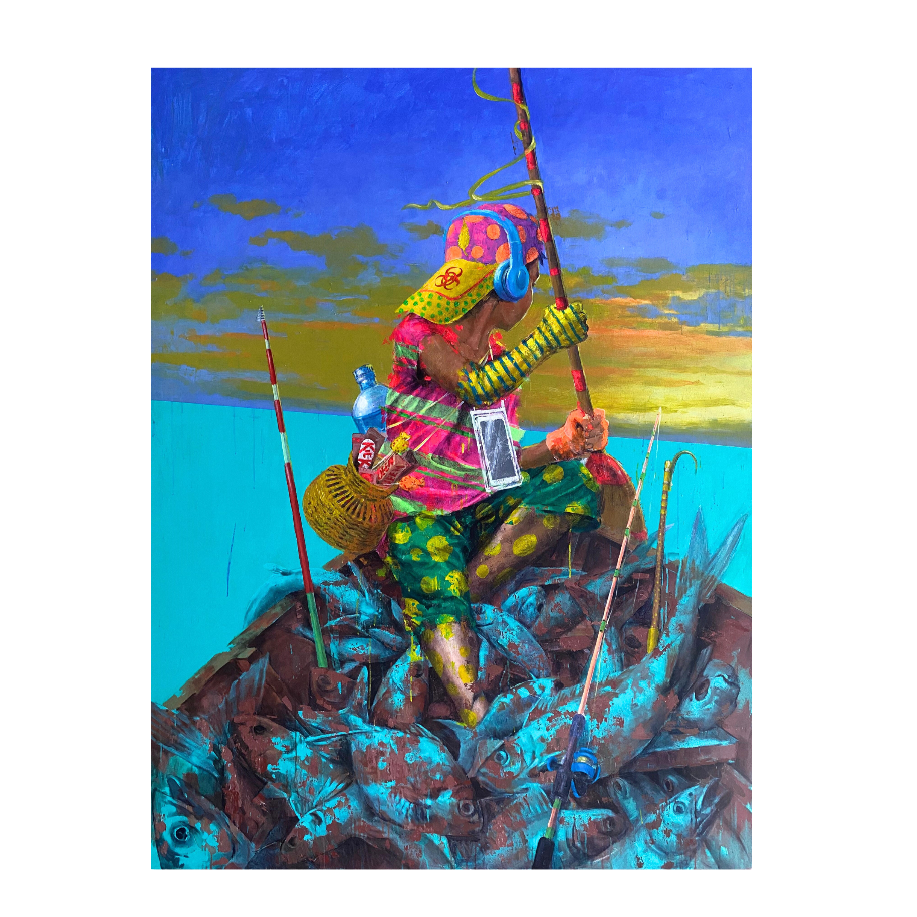 "Akhir Permainan" (2025) by 2madison. A large-scale 150x200cm Lowbrow Art Indonesia gallery painting on canvas. It depicts a weary yet relieved fisherman sitting on a massive catch of fish during sunset, wearing vibrant modern gear and blue headphones, representing the finest South East Asia gallery art in Jakarta.