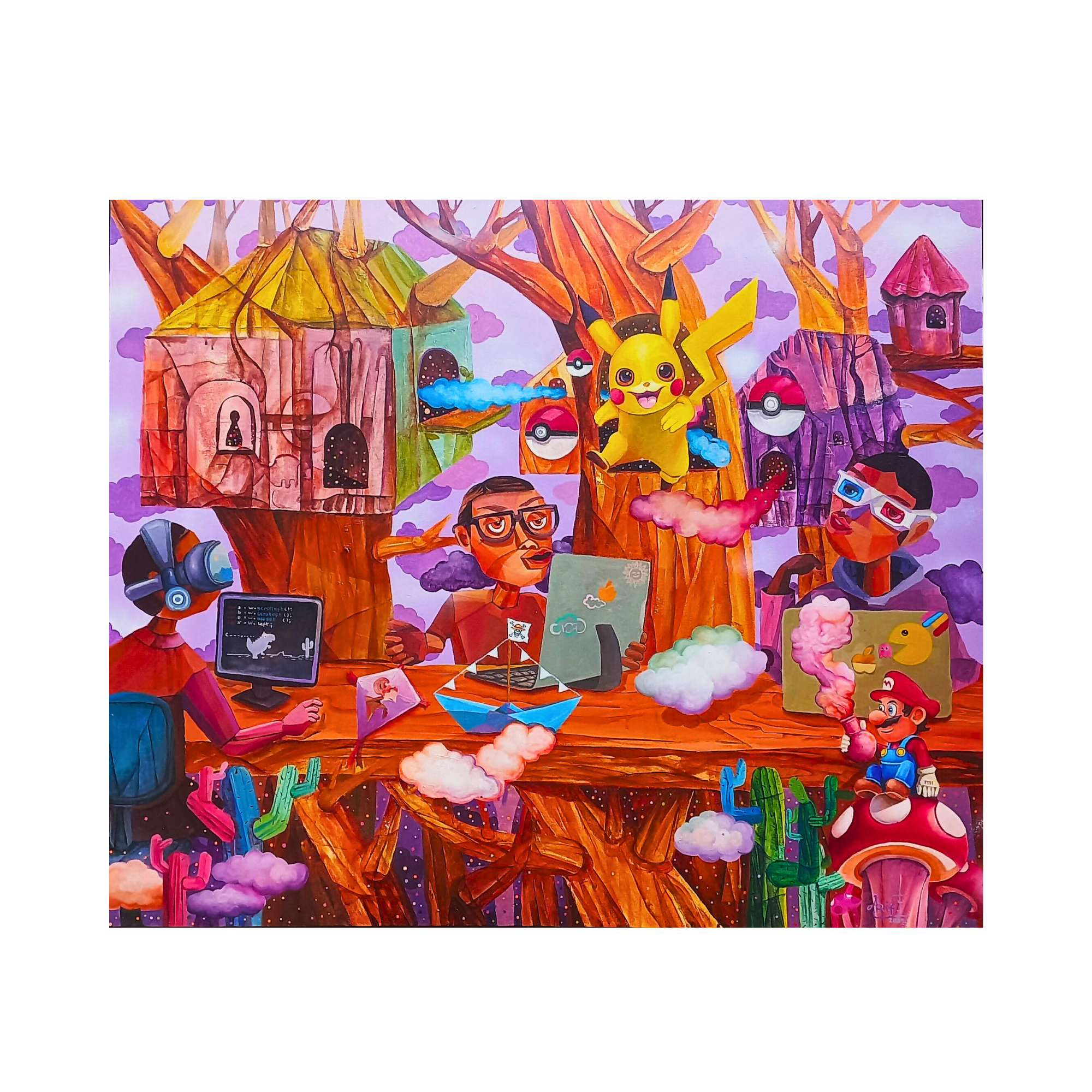 Alteria Multiversa (2025) by 2madison. A detailed Contemporary art Asia painting on canvas featuring characters using VR, laptops, and iconic pop culture figures like Pikachu and Mario in a surreal treehouse setting. This vibrant example of South east Asia art by an Emerging artist Asia is available at Art Gallery Indonesia.