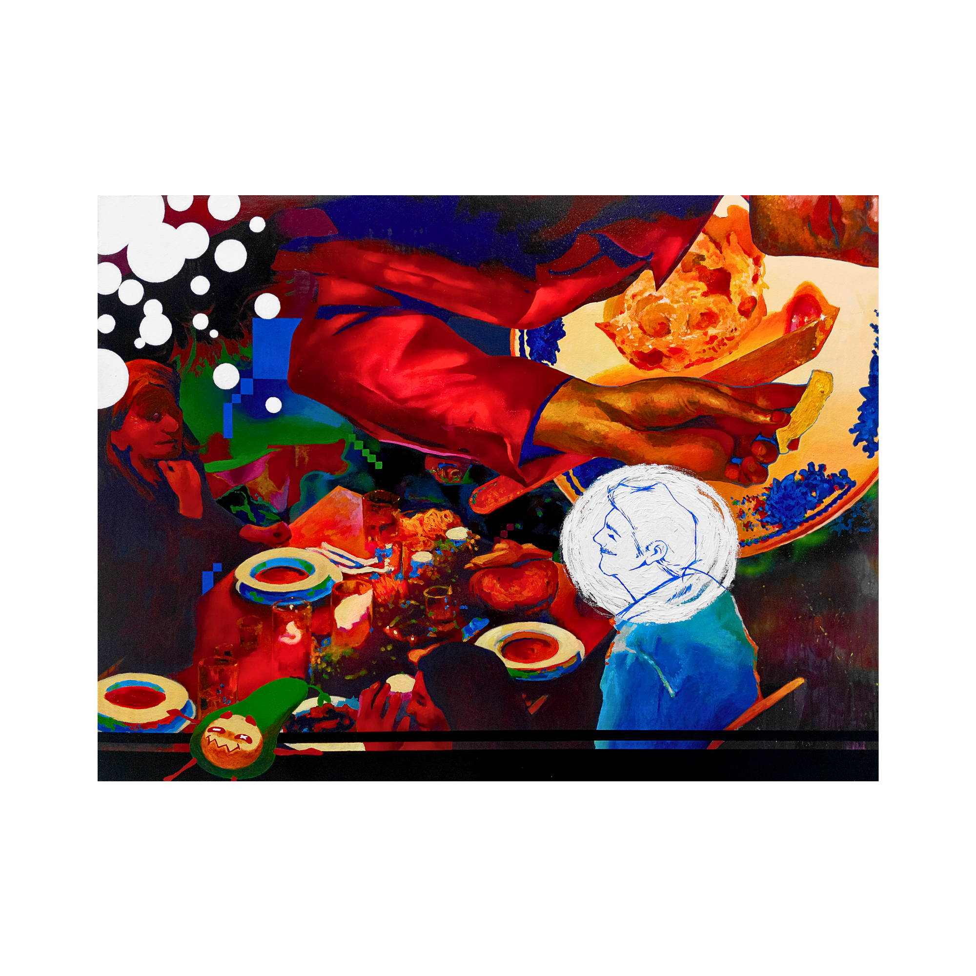 A captivating Art Gallery Indonesia collection, "Beneath The Feast #1" (2025) by Roby Alfares is a profound Contemporary Surrealist-Graphic Art masterpiece. This acrylic and spray paint painting on canvas represents the innovative work of an Emerging artist Asia, offering a deep perspective on Affordable art Asia with its surreal dining table imagery and vibrant colors.