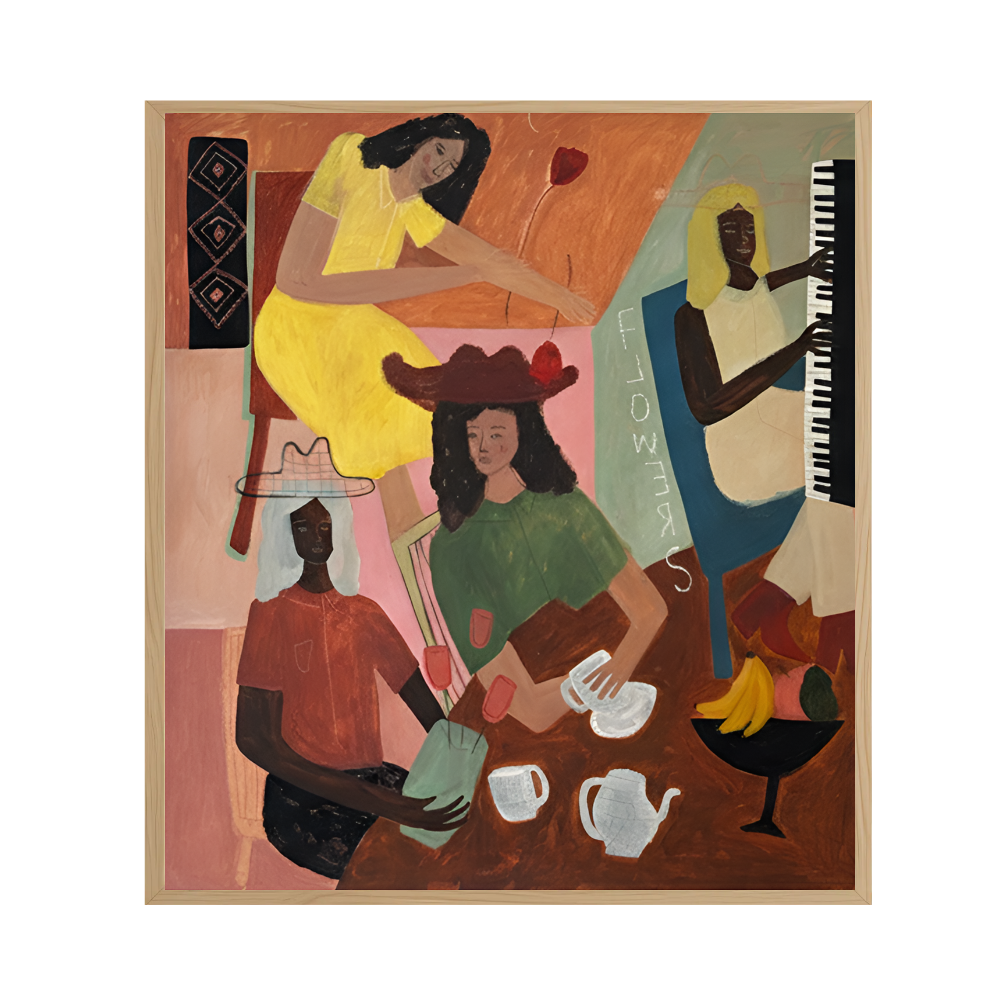 Art Gallery Indonesia presents "Each A Flower" (2025) by Javier Art. This Contemporary Figurative Art masterpiece, available through the Asian Gallery and Affordable art ASEAN collection at 2madison, is an acrylic and oil pastel painting on canvas depicting a group of friends gathering in a warm, soulful setting.