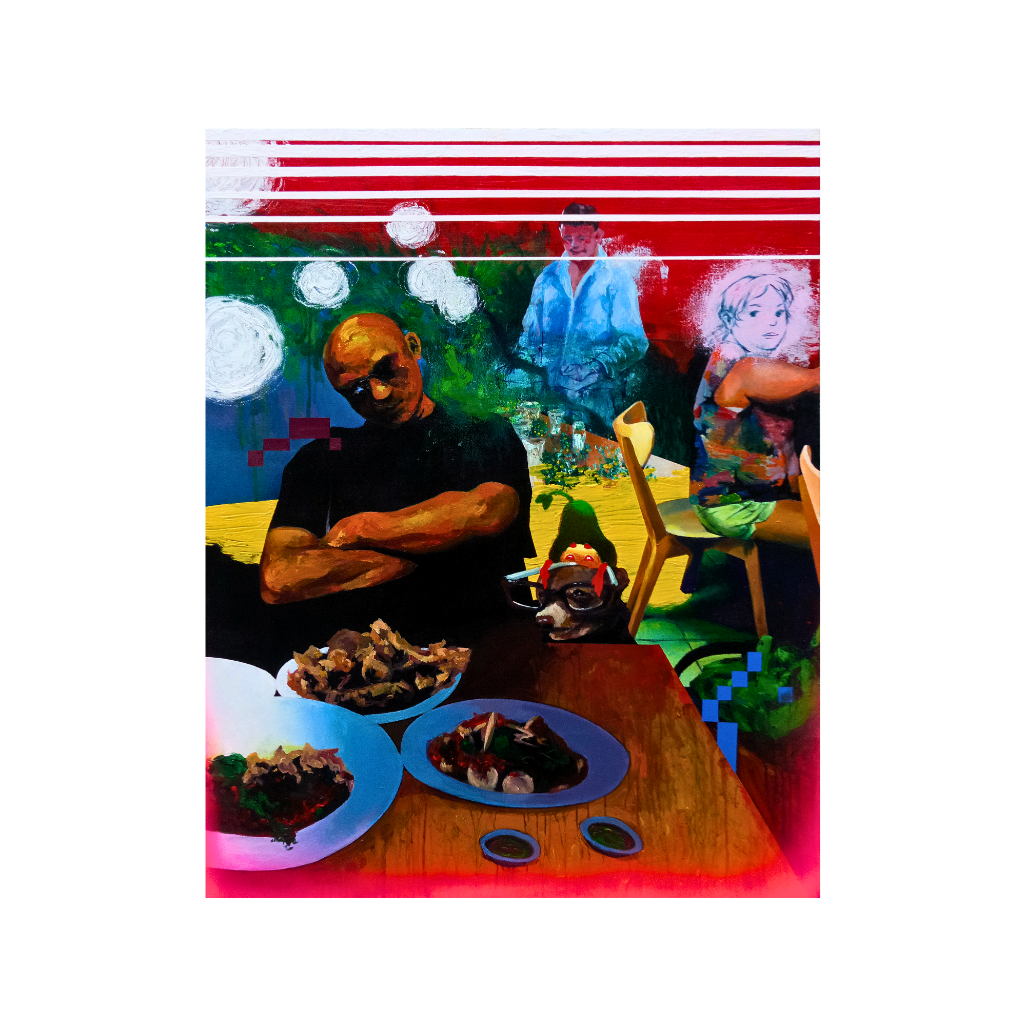 Discover an evocative Art Gallery Jakarta Indonesia masterpiece, "Beneath The Feast #2" (2025) by Roby Alfares. This Contemporary Expressionist-Graphic Art on canvas uses acrylic and spray paint to portray the hidden emotions of a dining scene, showcasing the vibrant future of Art Indonesia and the talent of a rising Emerging artist Indonesia.