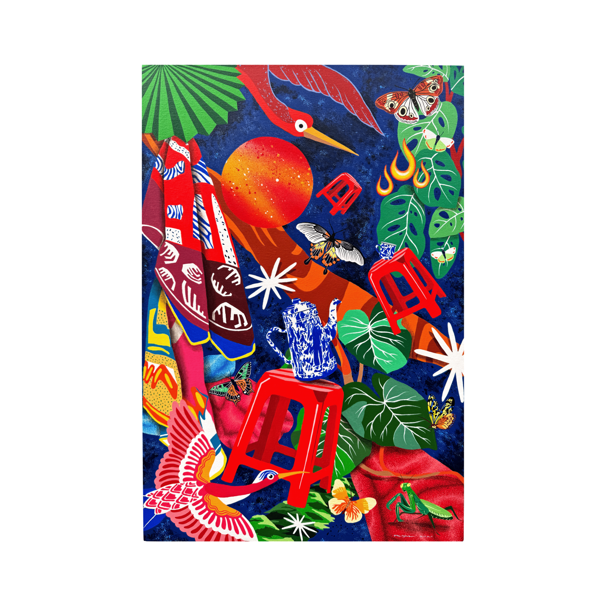 An enchanting Art Gallery Jakarta selection, "The Alchemist's Garden #2" (2025) by TEMPA is a vibrant Contemporary Surreal-Graphic Art piece. This acrylic on canvas painting features a rich composition of butterflies, red stools, and blue teapots, showcasing the best of South East Asia gallery talent and Affordable art Indonesia.