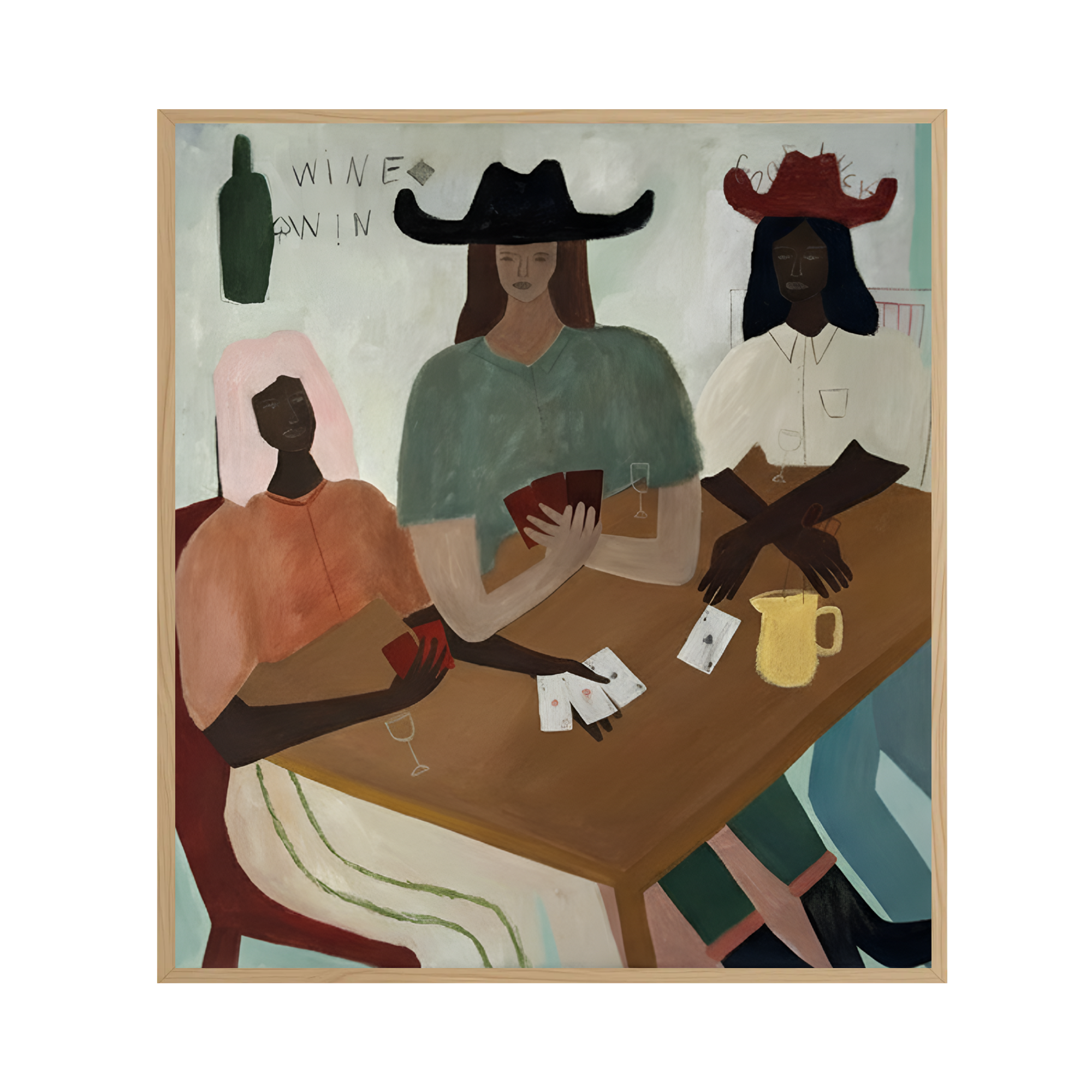 Art Gallery Indonesia presents "Golden Afternoons (Girls Playing Cards)" (2025) by Javier Art. This Contemporary Figurative Art masterpiece, available through the Asian Gallery and Affordable art ASEAN collection at 2madison, is an acrylic and oil pastel painting on canvas depicting three friends playing cards together in a serene, warm setting.