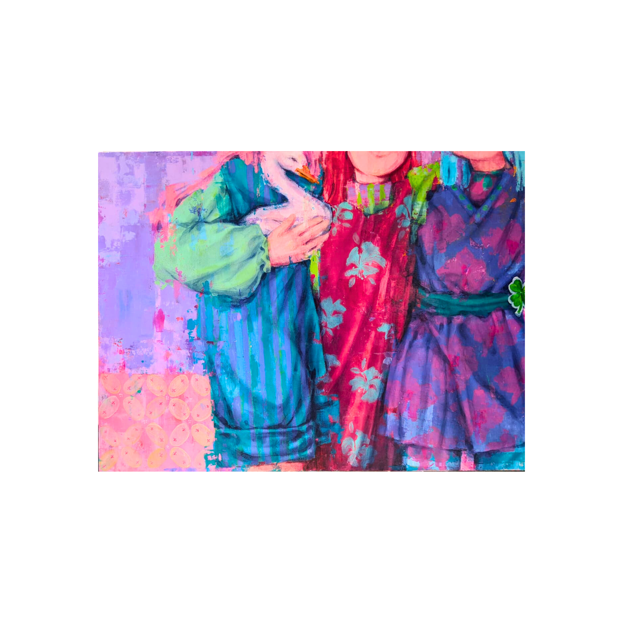 "Satu Kesatuan" (2025). A colorful Acrylic on Canvas painting of three girls symbolizing synergy and friendship. This vibrant piece is showcased by 2madison, an Indonesian Gallery and Asian Gallery known for featuring exceptional Affordable art Asia.