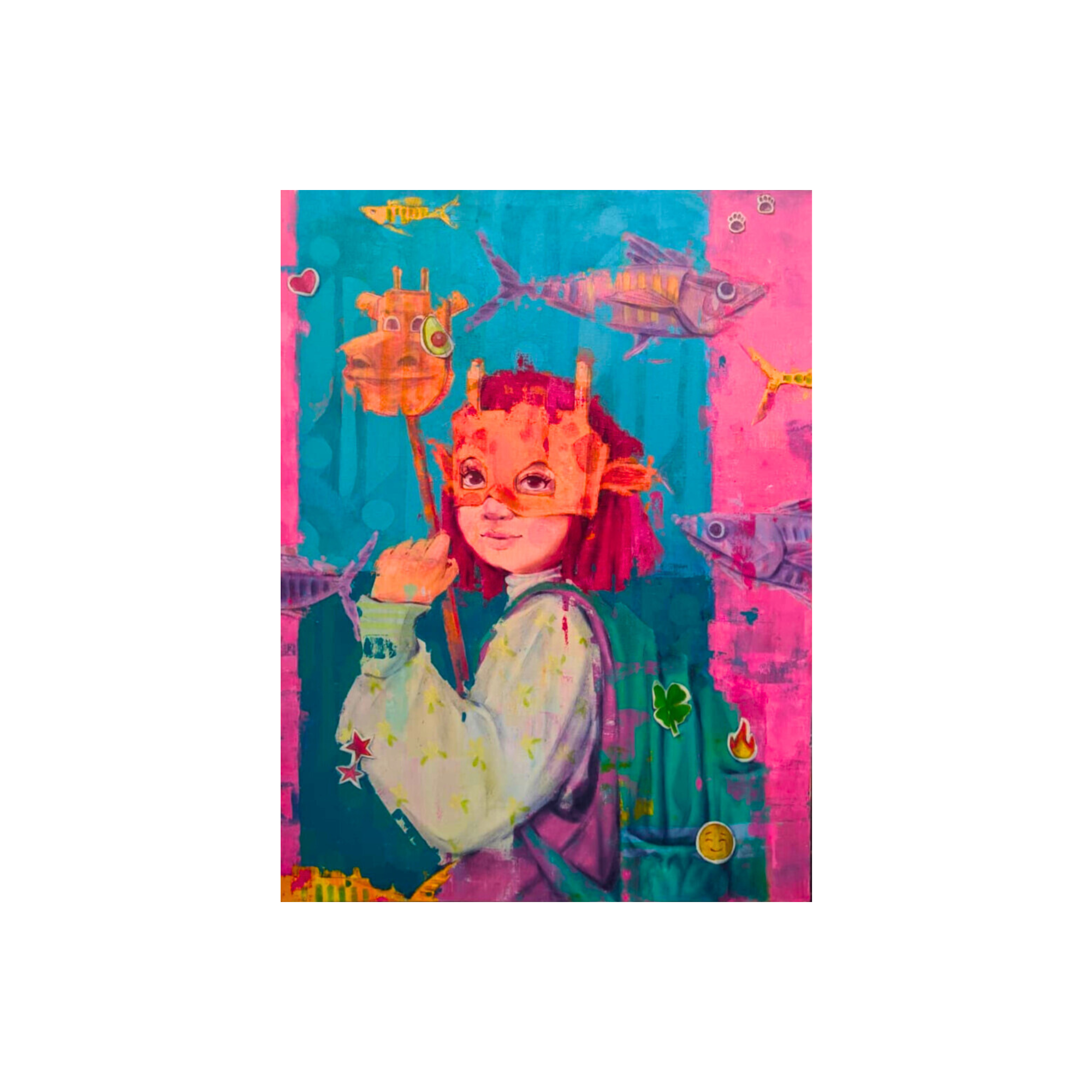 Self Love (2025) by 2madison. A vibrant Acrylic on Canvas painting depicting a young girl with a pink mask and a green backpack, symbolizing her journey of self-determination. This piece of Contemporary art Indonesia is a standout example of modern Art Indonesia available at Art Gallery Indonesia.