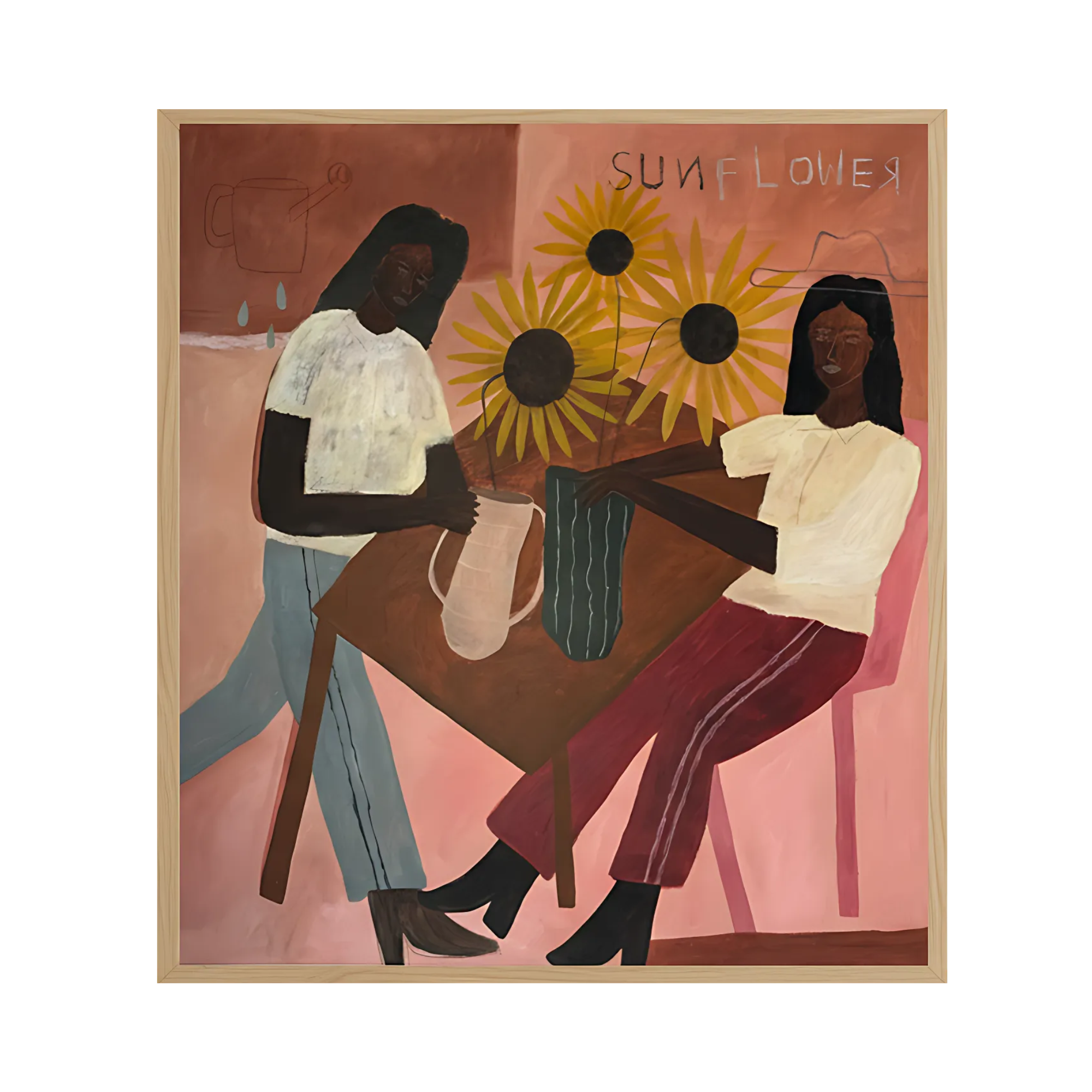 Art Gallery Indonesia presents "Sunflower" (2025) by Javier Art. This Indonesian modern art masterpiece, also showcased in the Asian Gallery collection at 2madison, is an acrylic and oil pastel painting depicting two friends tending to sunflowers in a warm, minimalist aesthetic.