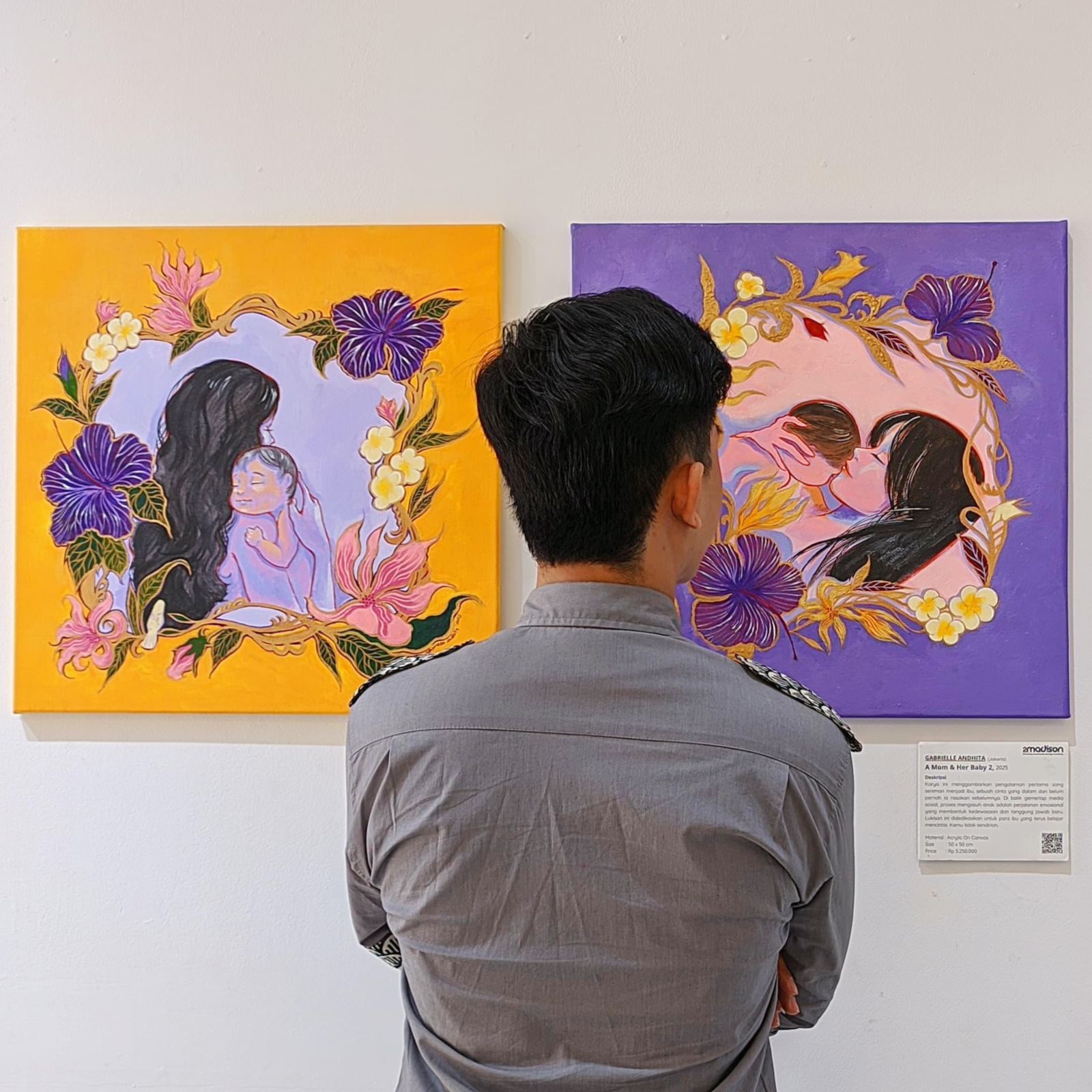 A contemporary figurative art acrylic painting titled "A Mom & Her Baby 2" at 2Madison Gallery, part of Art Gallery Indonesia and Asian Gallery collections. This Affordable art Asia piece portrays the intimate bond between mother and child.