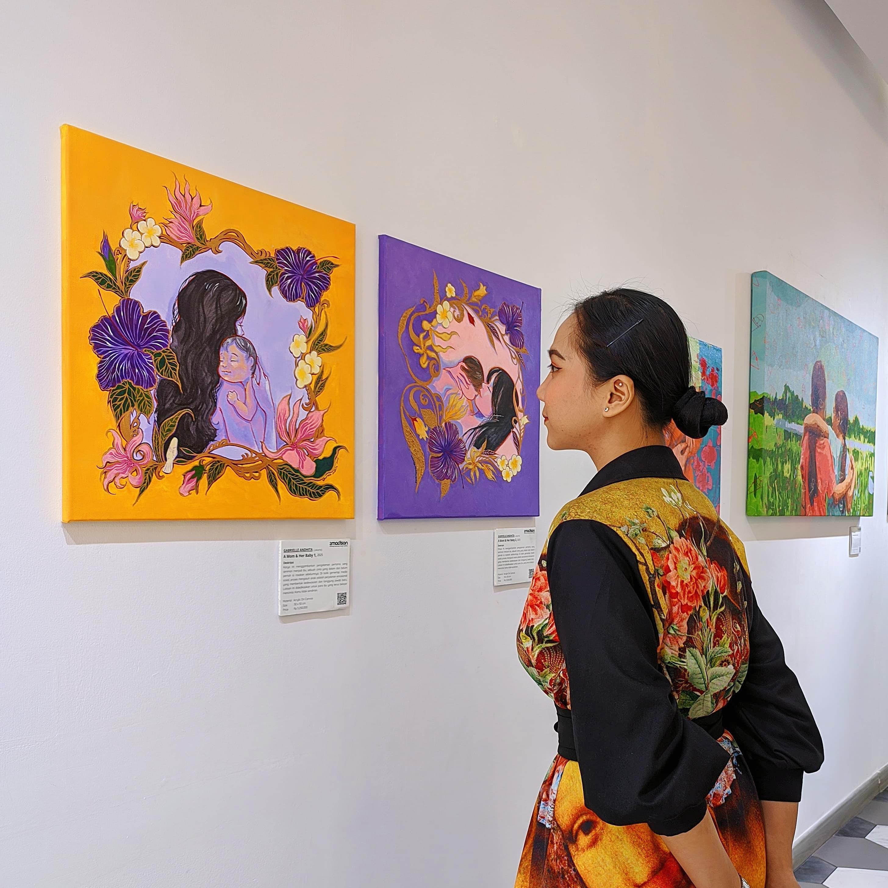 A contemporary figurative art acrylic painting titled "A Mom & Her Baby 2" at 2Madison Gallery, part of Art Gallery Indonesia and Asian Gallery collections. This Affordable art Asia piece portrays the intimate bond between mother and child.