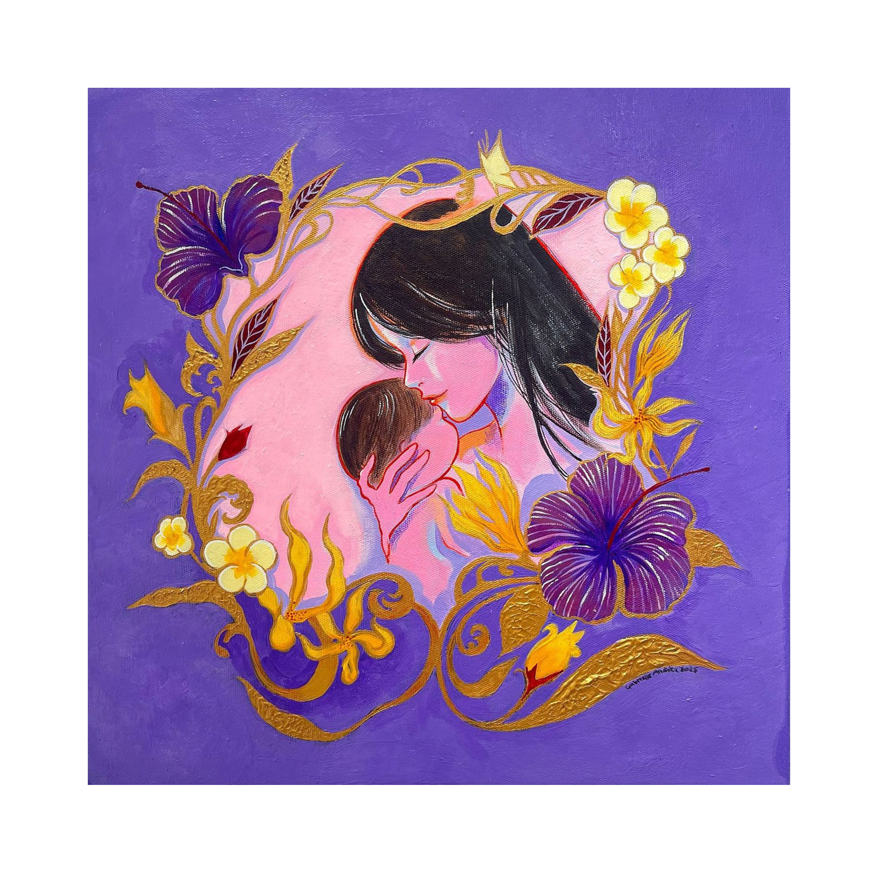 A contemporary figurative art acrylic painting titled "A Mom & Her Baby 2" at 2Madison Gallery, part of Art Gallery Indonesia and Asian Gallery collections. This Affordable art Asia piece portrays the intimate bond between mother and child.