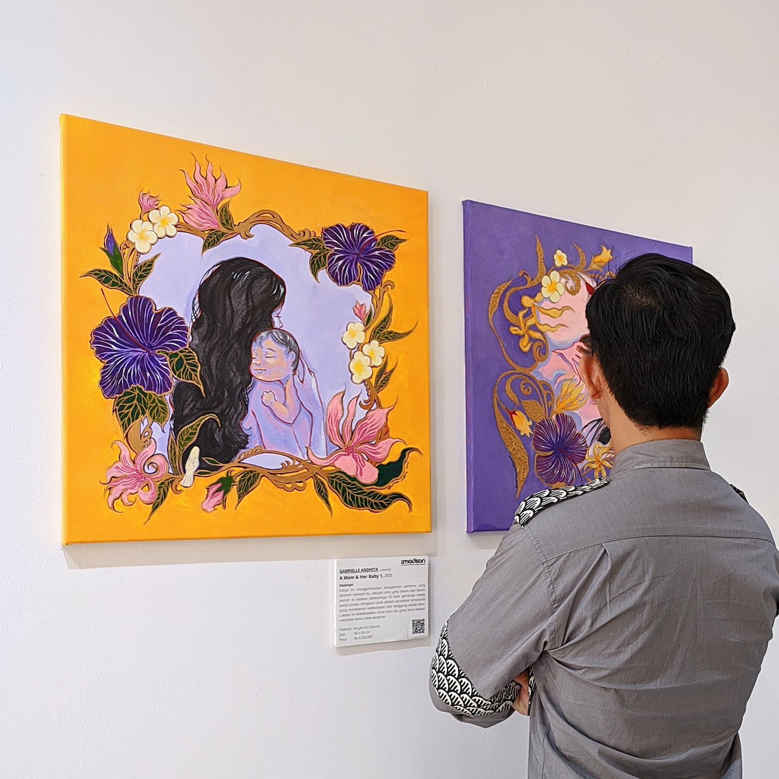 A contemporary figurative art acrylic painting titled "A Mom & Her Baby 2" at 2Madison Gallery, part of Art Gallery Indonesia and Asian Gallery collections. This Affordable art Asia piece portrays the intimate bond between mother and child.