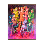 A vibrant original art acrylic painting at 2madison Gallery by Dadah Subagja, "2 in 1" (2025) features two women in colorful outfits surrounded by monkeys and a large spotted dog. This Neo-Pop Figurative art work represents the best of Indonesia Art and the creative vision of an Emerging Artist Asia at this Art Gallery Indonesia.