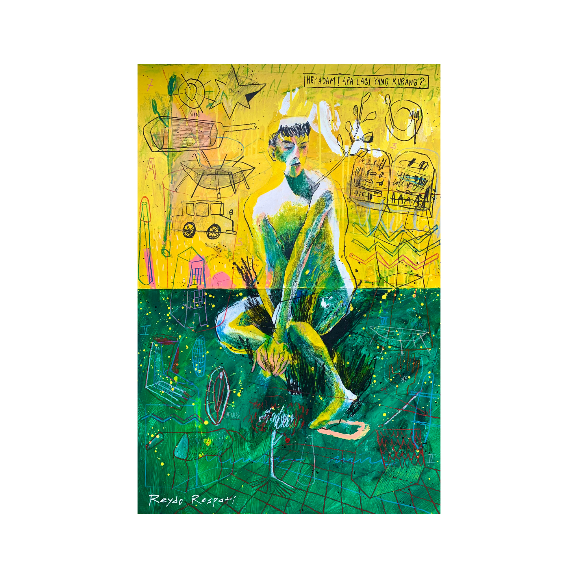 An expressive original art mixed media painting at 2madison Gallery, "Hey Adam! Apa Lagi Yang Kurang?" by Reydo Respati features a green-toned human figure surrounded by symbolic sketches and text on a vibrant yellow and green background. This Figurative Abstract Art masterpiece represents the innovative side of Art Indonesia available at this Gallery Jakarta and Art Gallery Indonesia.