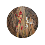 A vibrant original art piece at 2madison Gallery, "Simfoni" (2025) is a stunning Figurative Abstract Art painting on a circular canvas. This Art Gallery Indonesia showcase features red and white mushrooms, embodying the creative spirit of Indonesia Art and Contemporary art Asia for global collectors.