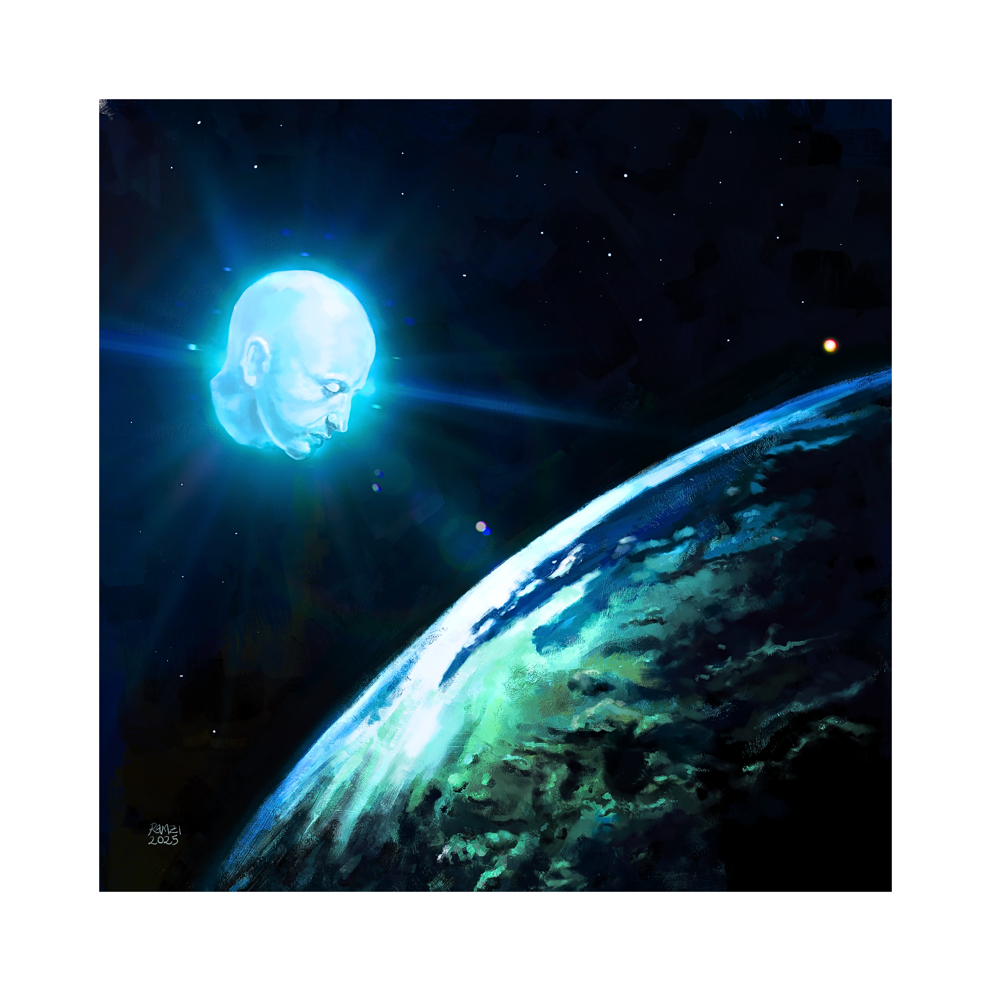 A cosmic Digital Art Print titled "A Dream of Earth" by Ramzi Firhad at 2madison Gallery. This piece of Contemporary art Indonesia features a glowing blue human head looking down upon the Earth from the darkness of outer space, showcasing the creative depth of South east Asia art found in our Art Gallery Indonesia collection.