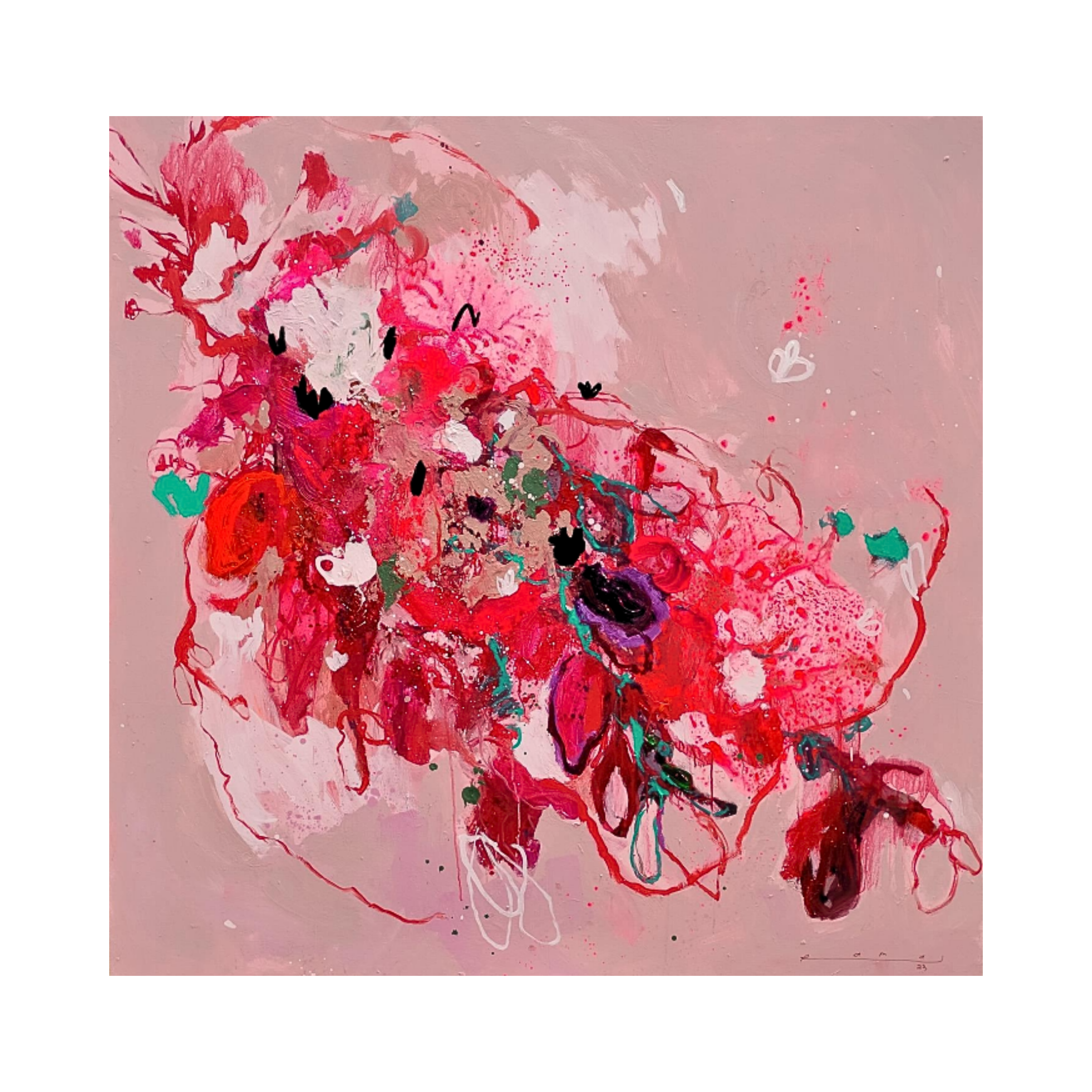 A profound original art acrylic painting by Ramadhyan Putri at 2madison Gallery, "Acceptance" features an Abstract Expressionism Art style with intertwined red, pink, and green strokes on a large canvas. This piece embodies the essence of Contemporary Art Indonesia and the talent of an Emerging Artist Asia within this leading Art Gallery Indonesia.