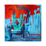 A striking original art acrylic painting titled "Chairs" by Abdurrahman Wahid at 2madison Gallery. This Contemporary Figurative Expressionism piece features a green chair motif with bold red and blue drips, delivering a social message. It represents high-quality Affordable Art Indonesia from a talented Emerging Artist Asia in our Art Gallery Indonesia.
