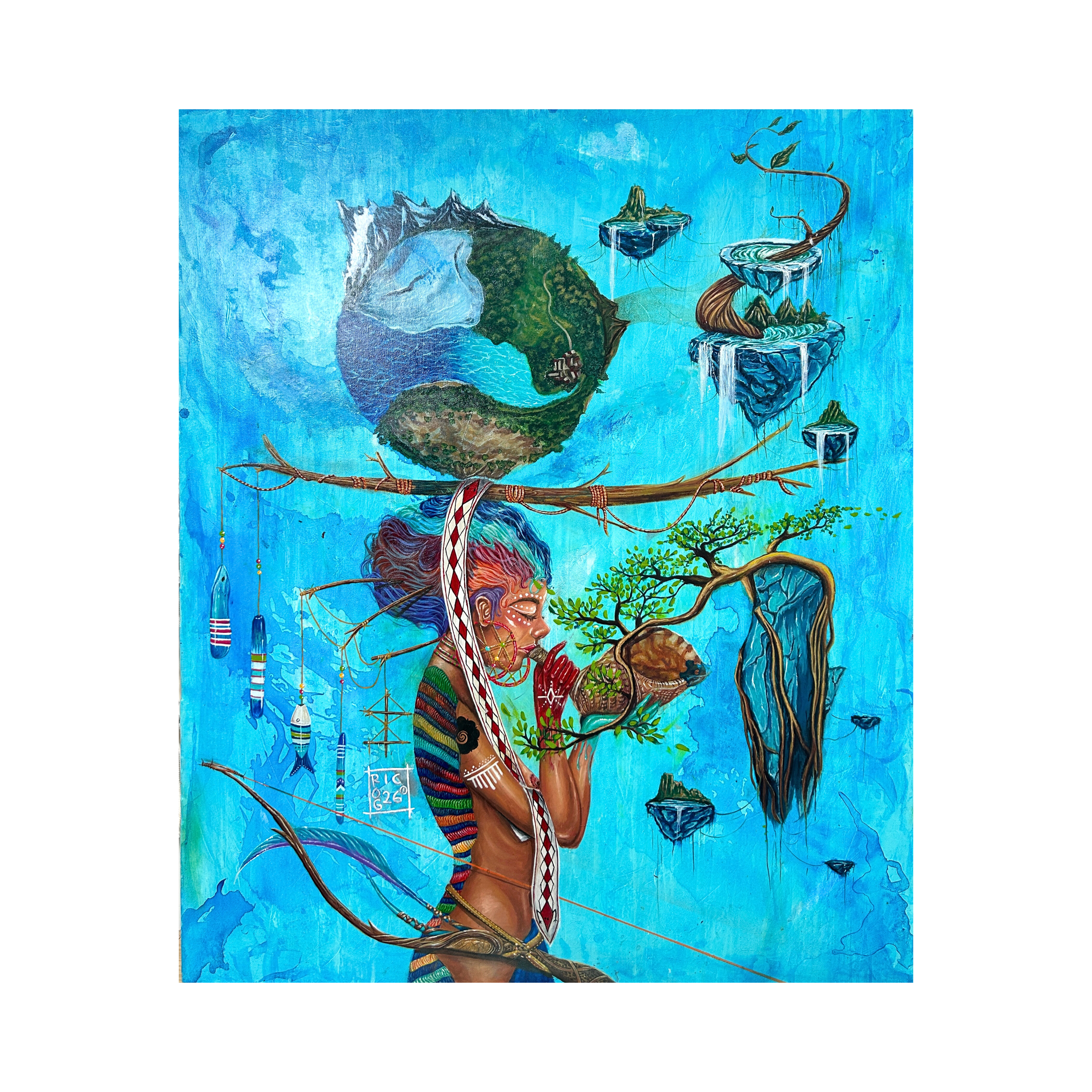 A vivid and intricate original art acrylic painting titled "Culture and Nature" by Ricki Roganda Sitepu at 2madison Gallery. This Contemporary Ethno-Surrealism work features a fusion of human figures and natural landscapes, representing the creative excellence of Contemporary art Asia found in our Art Gallery Indonesia and Gallery Jakarta collection.