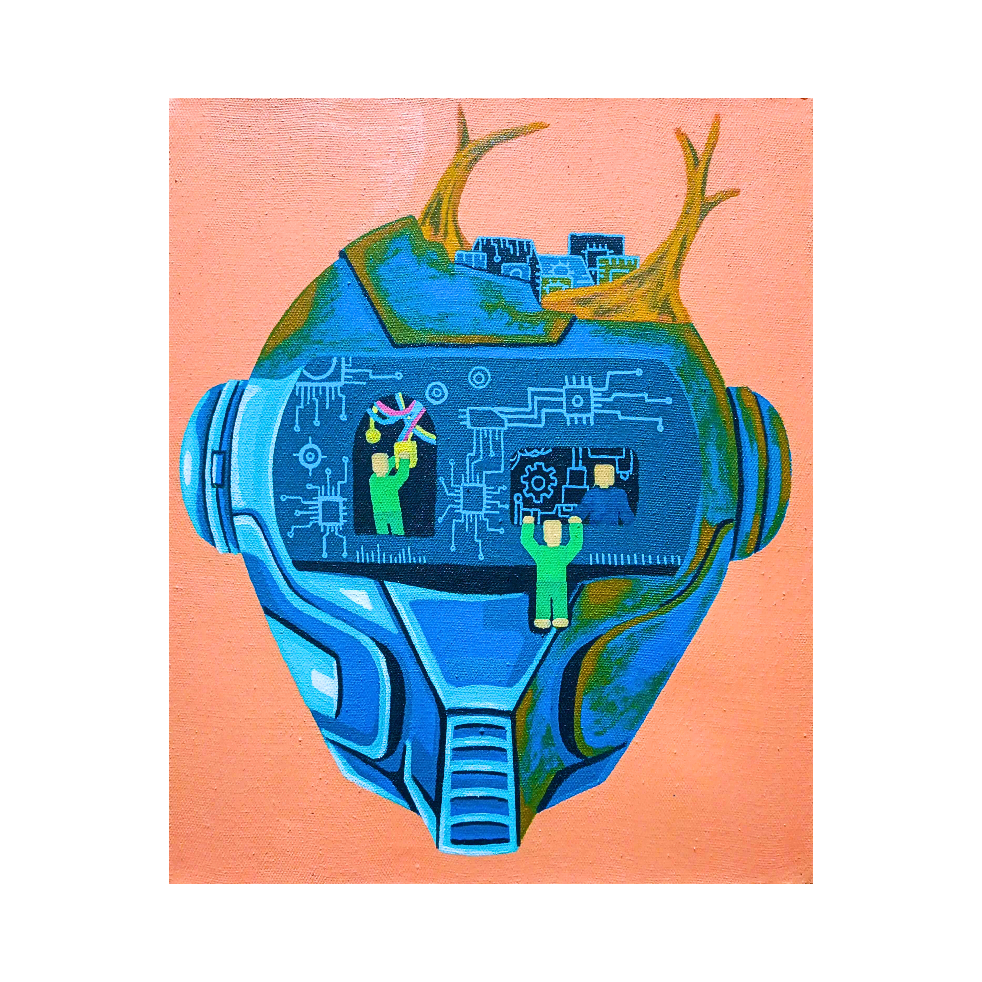 A detailed original art acrylic painting titled "Dibentuk, Rusak dan Dibuang" by Hafidh Nur Alfarizi at 2madison Gallery. This Contemporary Pop Art work features a large robotic head containing a miniature city and busy human figures, representing the complex themes found in our Art Gallery Indonesia and Gallery Jakarta collection.
