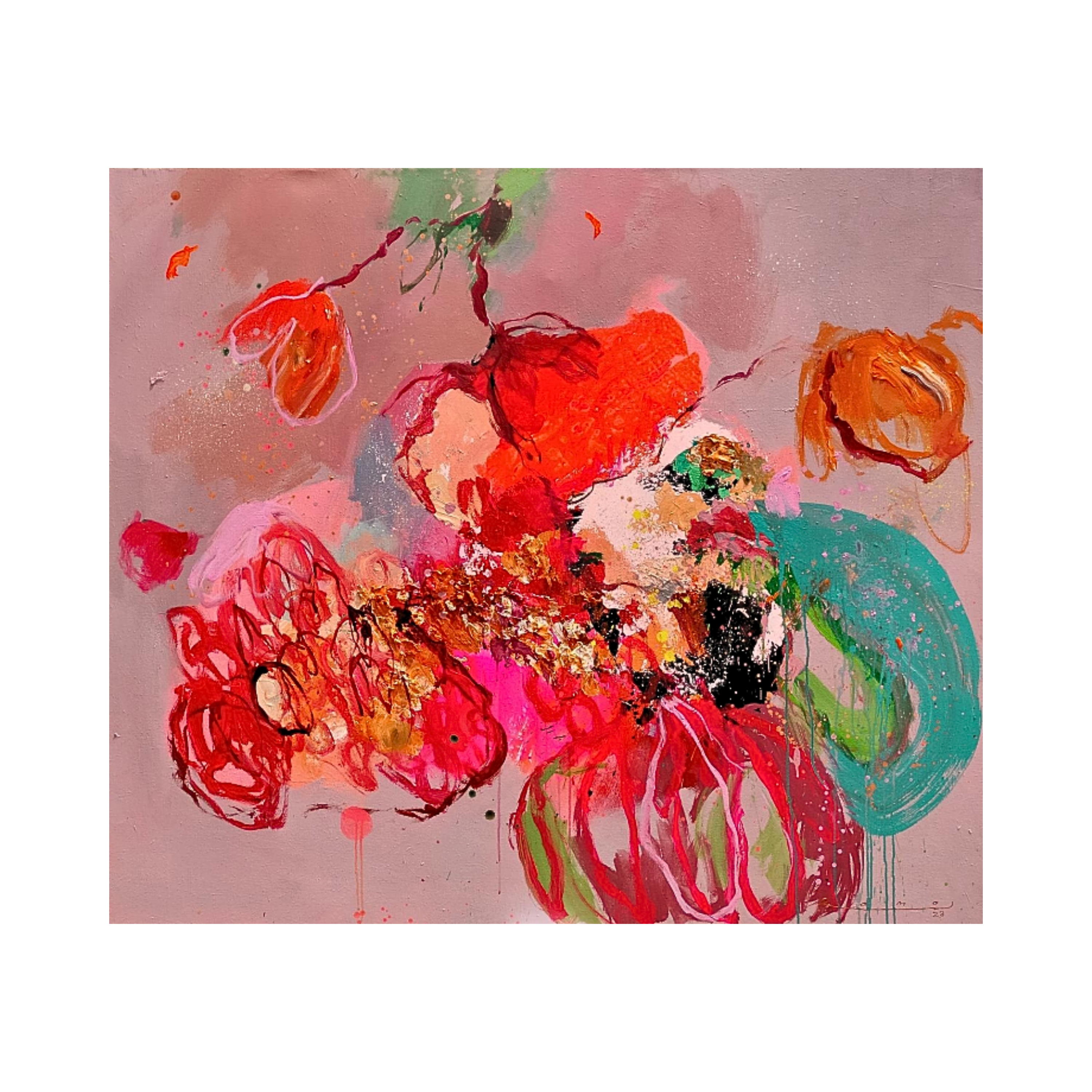 A dynamic original art acrylic painting by Ramadhyan Putri at 2madison Gallery, "Exhaled" (2023) captures the movement of wind pollination with expressive red and orange floral strokes. This Abstract Expressionism Art work exemplifies the quality of Art Gallery Indonesia and the innovative spirit of an Emerging Artist Asia in the Asian Gallery market.