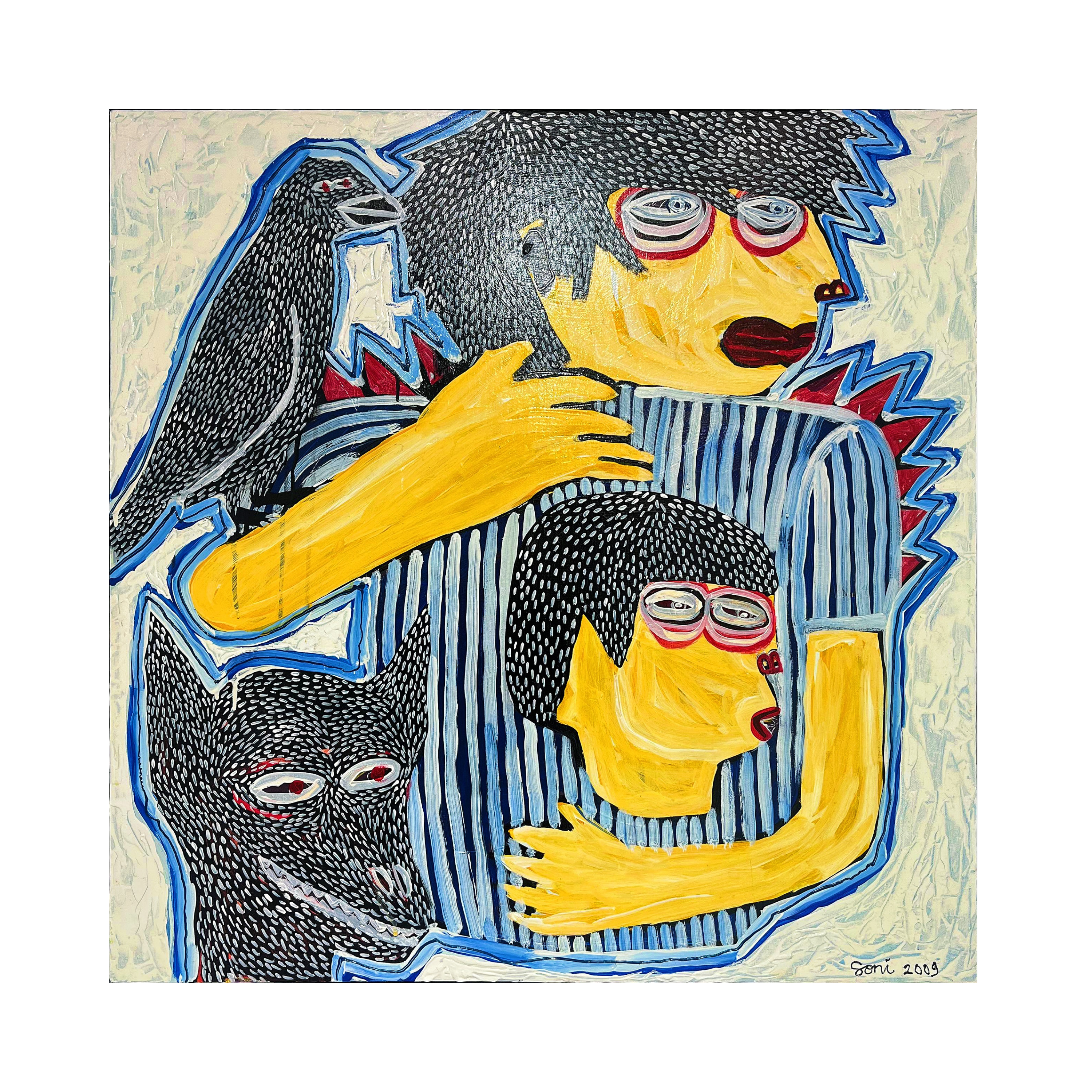 A powerful original art acrylic painting on canvas titled "Father And Daughter" by Soni Irawan at 2madison Gallery. This Neo-Expressionism work features bold lines and symbolic animal figures, representing the emotional depth of Indonesia Art in this leading Gallery Jakarta and Art Gallery Indonesia.