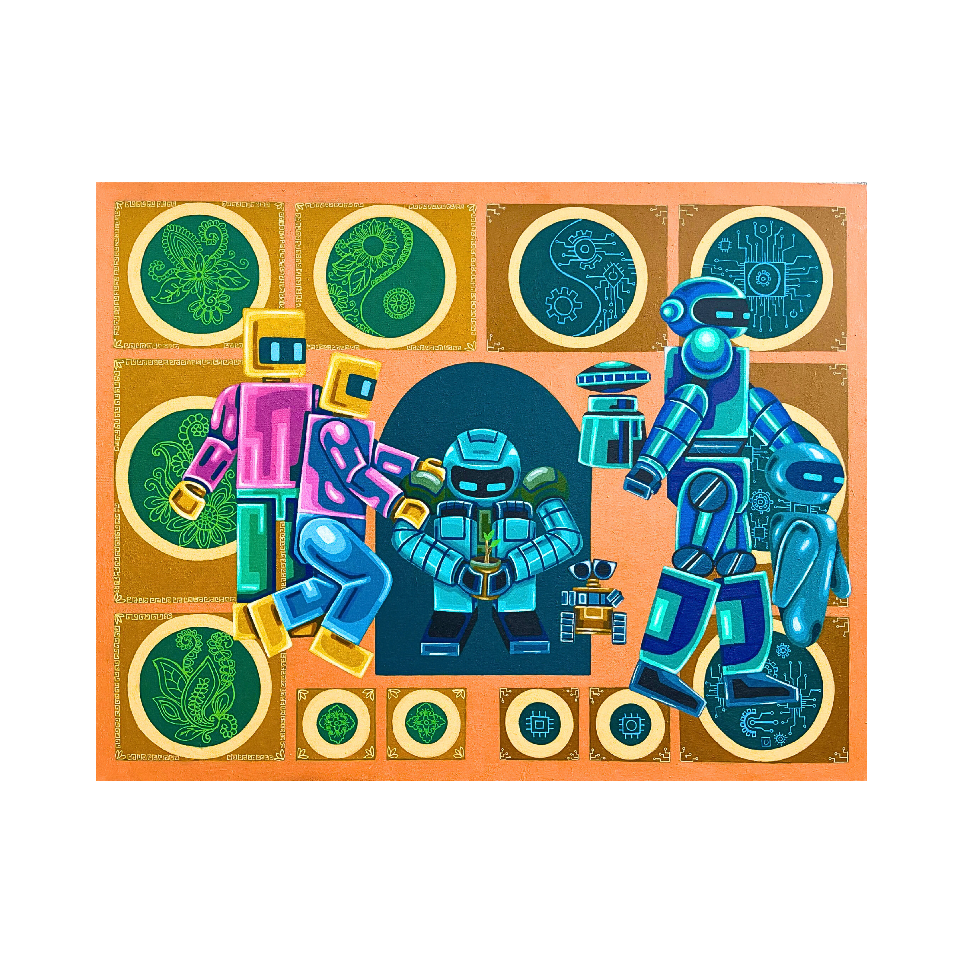 A vibrant original art acrylic painting titled "Future life" by Hafidh Nur Alfarizi at 2madison Gallery. This Contemporary Pop Art piece features Lego-styled robots and human figures surrounded by a mix of traditional Indonesian batik patterns and modern technological circuits, showcasing the creative depth of an Emerging artist Asia in our Art Gallery Indonesia.