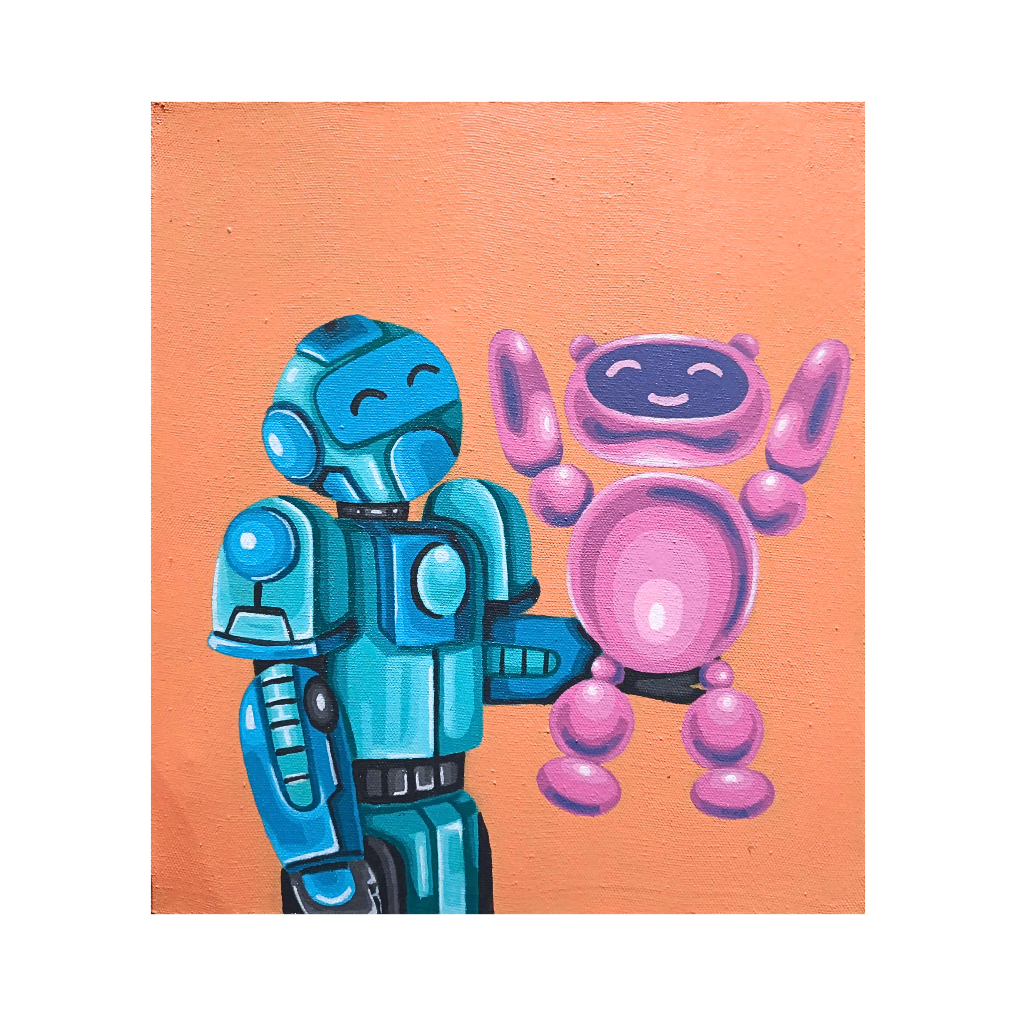 A heartwarming original art acrylic painting titled "Happiness In A Lifeless Body" by Hafidh Nur Alfarizi at 2madison Gallery. This Contemporary Pop Art work features a large blue robot and a small pink robot sharing a joyful moment, representing the creative diversity found in our Art Gallery Indonesia and Gallery Jakarta.