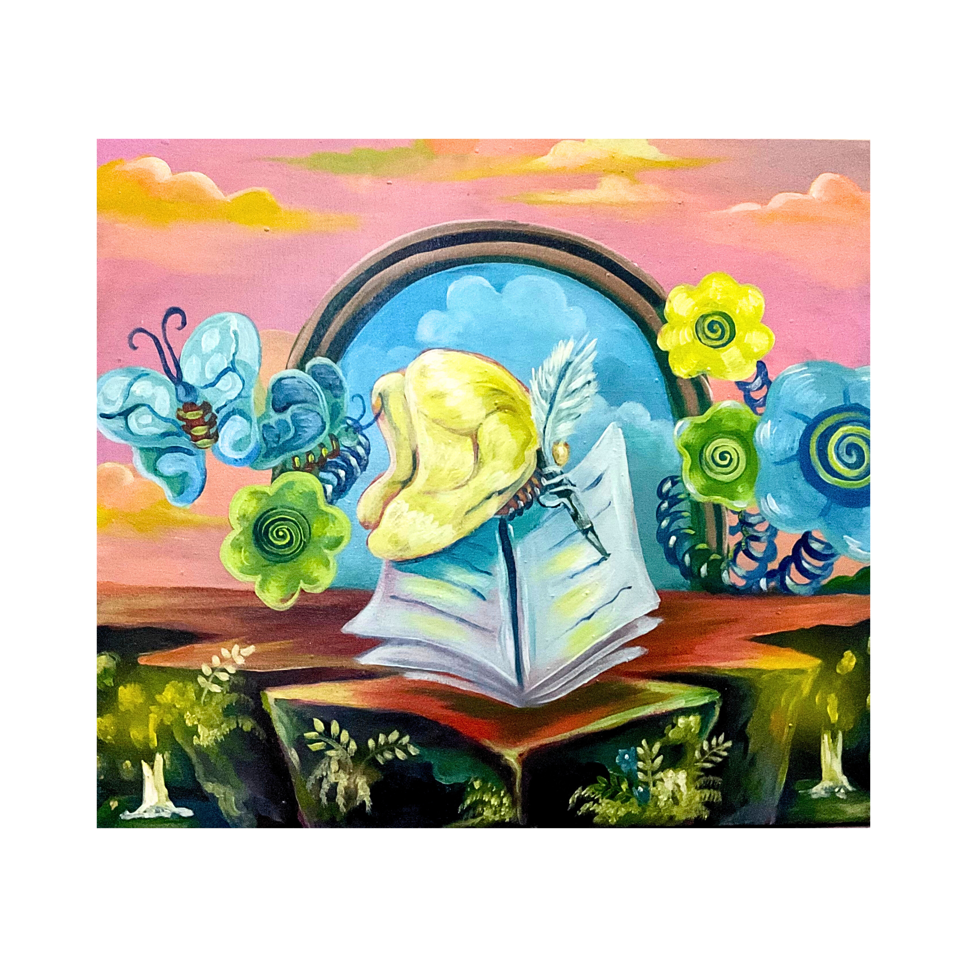 A whimsical original art mix media painting titled "Harapan dan Semangat Baru" by Abdul Irsyad Ashari at 2madison Gallery. This Contemporary Pop Surrealism piece features vibrant butterflies and spiral-stemmed flowers emerging from an open book, symbolizing the resilience of Art Indonesia found in our Art Gallery Indonesia.