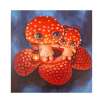 A heartwarming original art acrylic painting titled "Lentera" by Zubaidah at 2madison Gallery. This Pop Surrealism piece depicts two mushroom characters holding a lantern atop a large red Rafflesia flower, representing the guiding light of motherhood in South east Asia art and Art Gallery Indonesia.