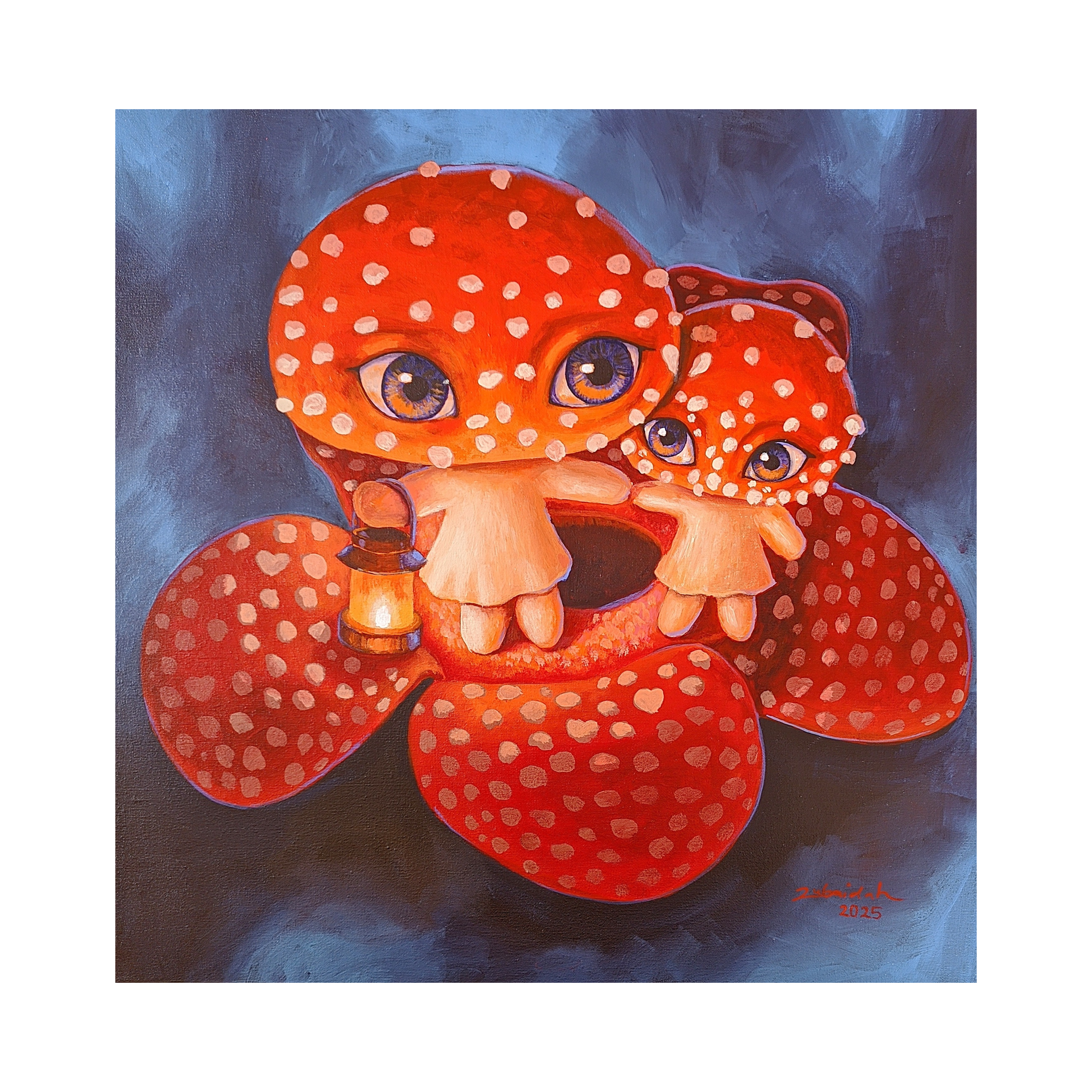 A heartwarming original art acrylic painting titled "Lentera" by Zubaidah at 2madison Gallery. This Pop Surrealism piece depicts two mushroom characters holding a lantern atop a large red Rafflesia flower, representing the guiding light of motherhood in South east Asia art and Art Gallery Indonesia.