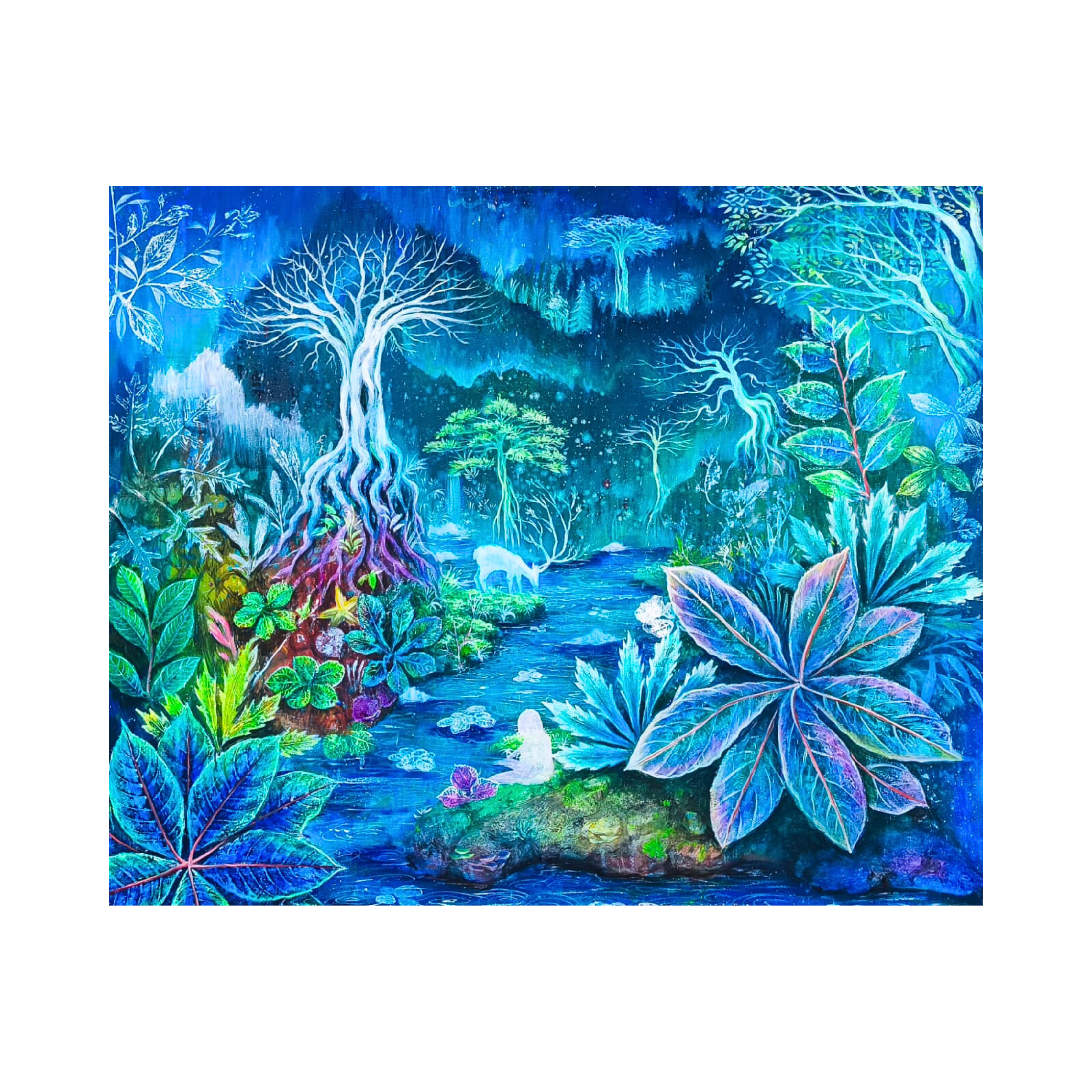 A luminescent original art acrylic painting titled "Magical Forest" by M. Imam Bawon at 2madison Gallery. This Contemporary Magical Realism piece features vibrant blue and purple foliage, a glowing white spirit tree, and a serene forest stream, representing the spiritual depth of Art Indonesia and Art Gallery Indonesia.