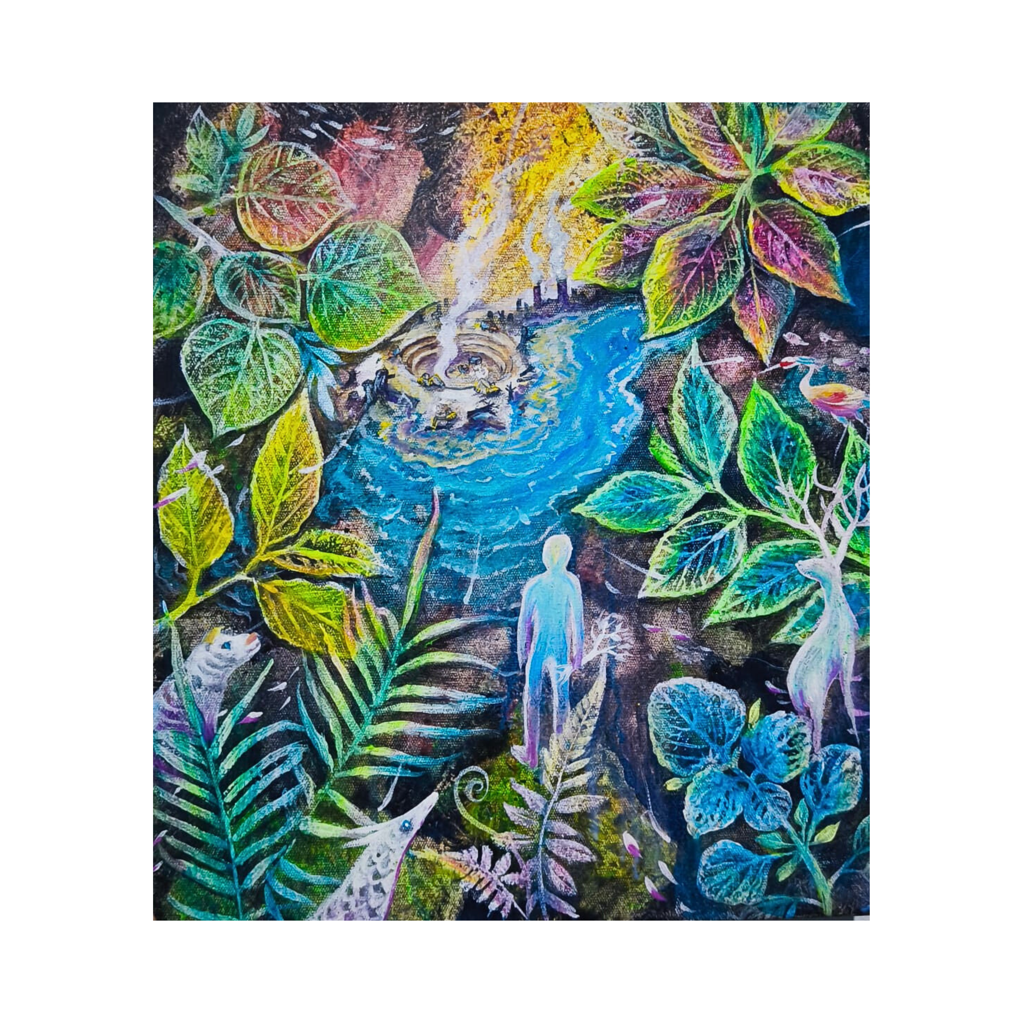 A poignant original art acrylic painting titled "Memulihkan Napas yang Tergerus" by M. Imam Bawon at 2madison Gallery. This Contemporary Magical Realism piece depicts a blue figure holding a sprout amidst a lush yet threatened forest with industrial smoke in the background, representing the ecological themes found in our Art Gallery Indonesia and Affordable art Asia collection.