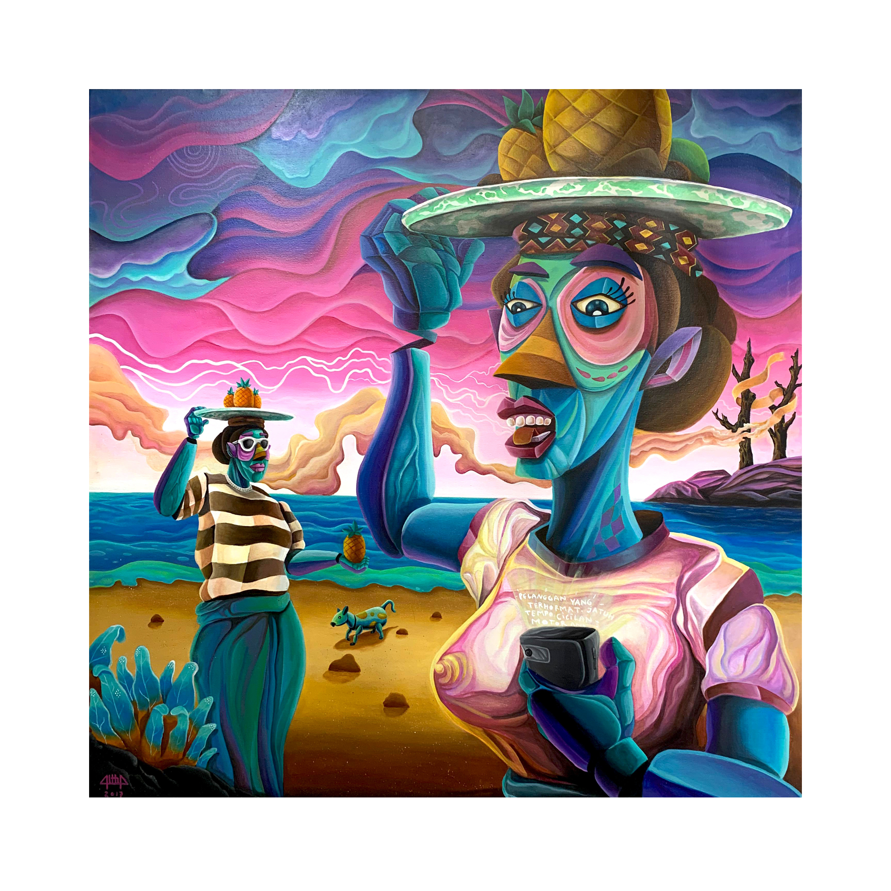 A vibrant original art acrylic painting on canvas titled "Nona Dan Nanas" at 2madison Gallery, featuring stylized figures of fruit vendors in a bold Pop Surrealism style. This colorful Contemporary Art piece represents the innovative spirit of Art Indonesia in this Gallery Jakarta and Art Gallery Indonesia.