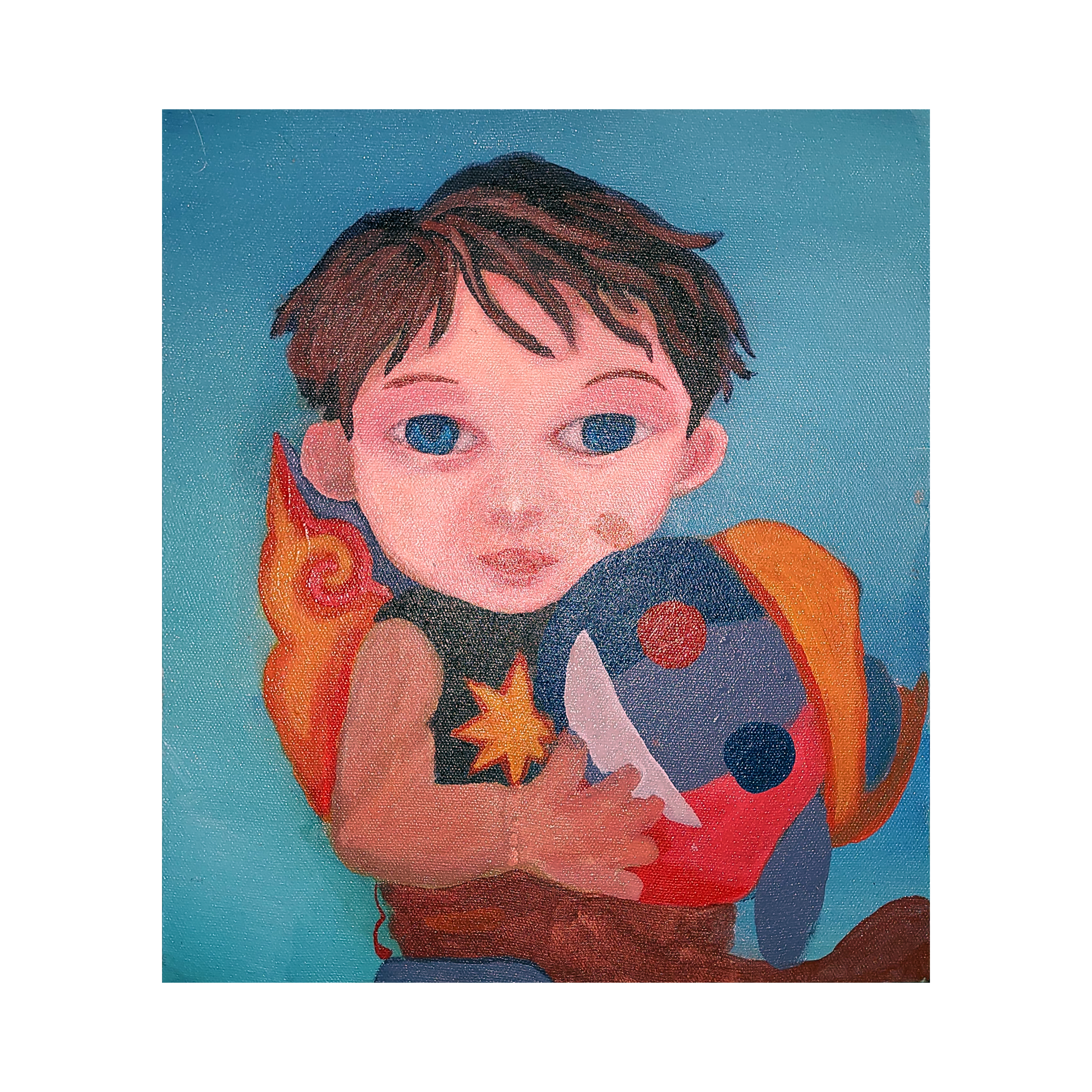 A poignant original art acrylic painting titled "Sandiwara Usai" by Toad Nur Alim at 2madison Gallery. This Indonesia Art piece by a talented Emerging artist depicts a young boy with expressive blue eyes holding a colorful object against a teal background, reflecting the deep themes of self-acceptance found in our Art Gallery Indonesia.