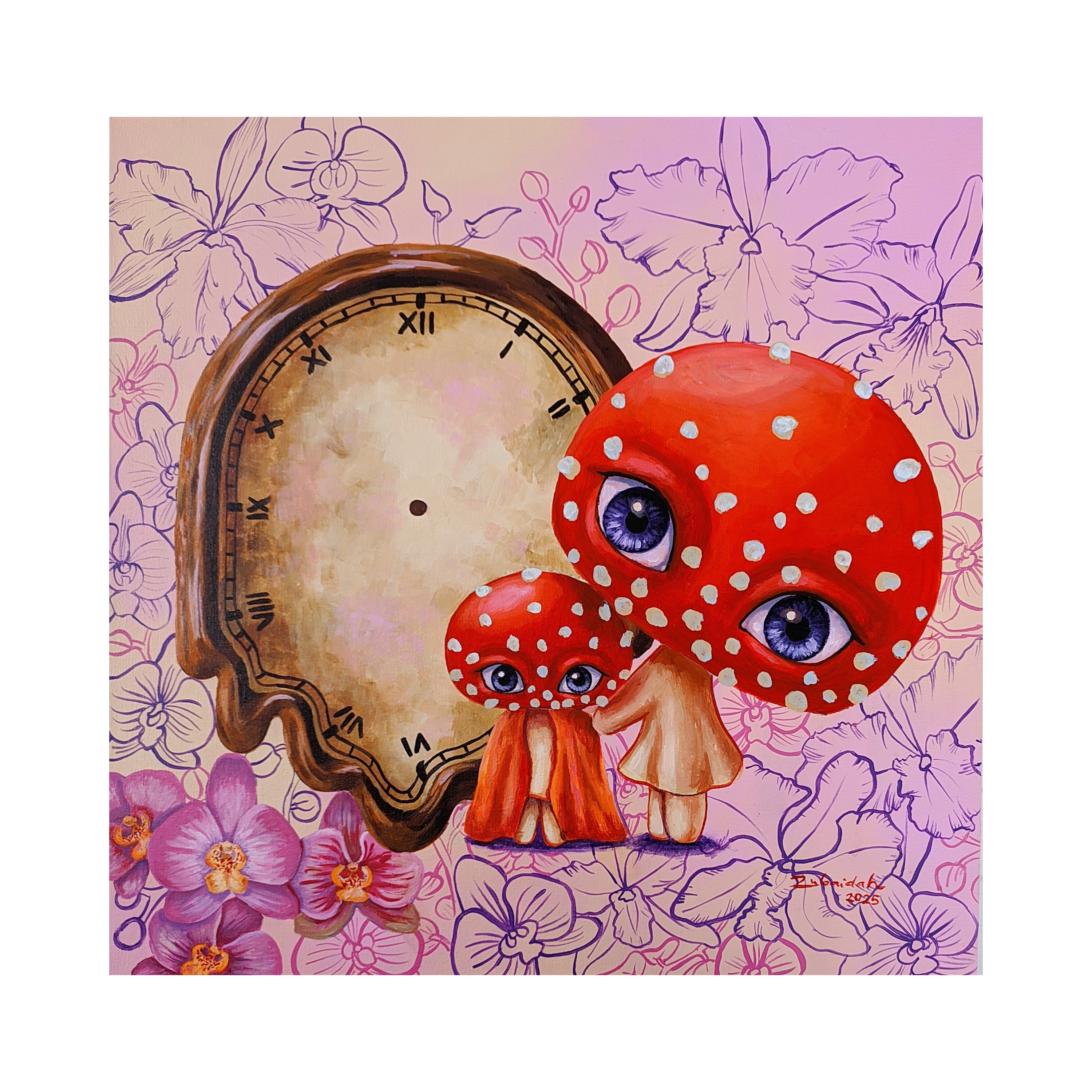 A whimsical original art acrylic painting titled "Sepanjang Masa" by Zubaidah at 2madison Gallery. This Pop Surrealism piece features melting clocks and mushroom characters against an orchid line-art background, showcasing the vibrant creativity of South east Asia art in our Art Gallery Indonesia.