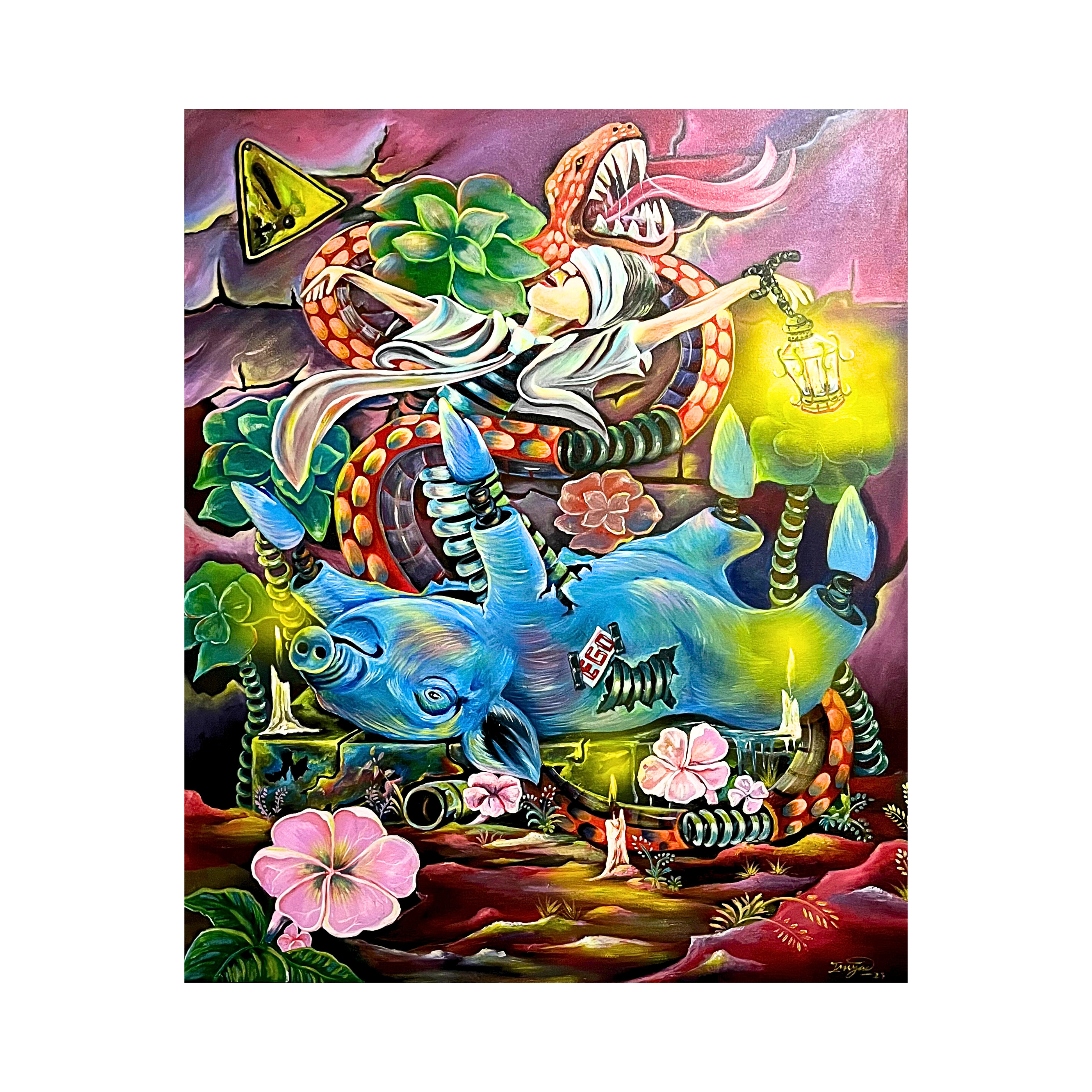 A vivid and complex original art mix media painting titled "Yang Bangkit Tak Pernah Pergi" by Abdul Irsyad Ashari at 2madison Gallery. This Contemporary Surrealism work features symbolic imagery including a pig metaphor and a serpent, representing the emotional resilience often found in Art Gallery Indonesia collections and the vibrant scene of Gallery Jakarta.