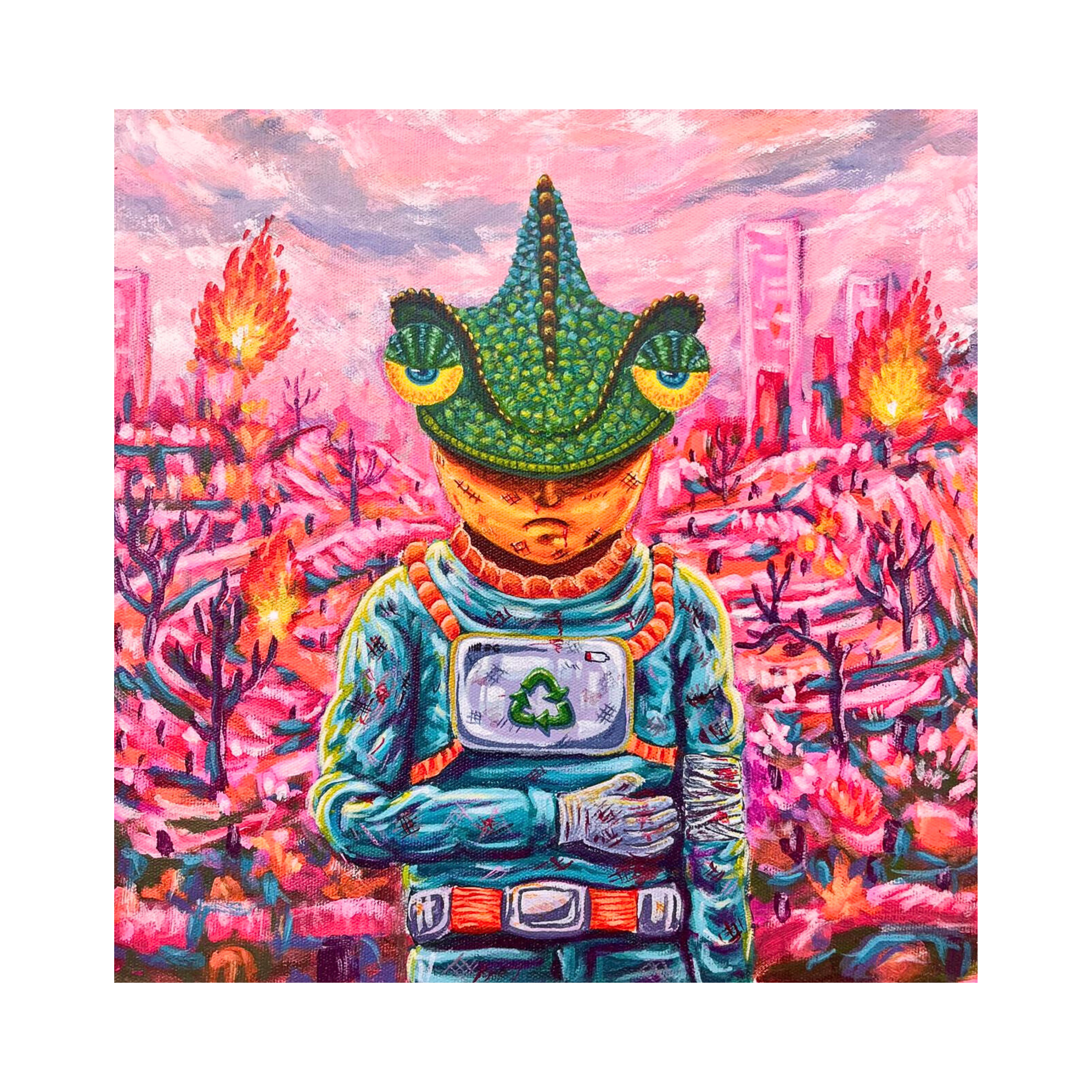 A vivid original art acrylic painting titled "Hilang Arah" by Rusdan Efendi at 2madison Gallery. This Contemporary Pop Surrealism work features a highly detailed chameleon with neon scales in shades of blue, orange, and purple, symbolizing the resilience of Art Indonesia and the bold artistic vision found in Art Gallery Jakarta.