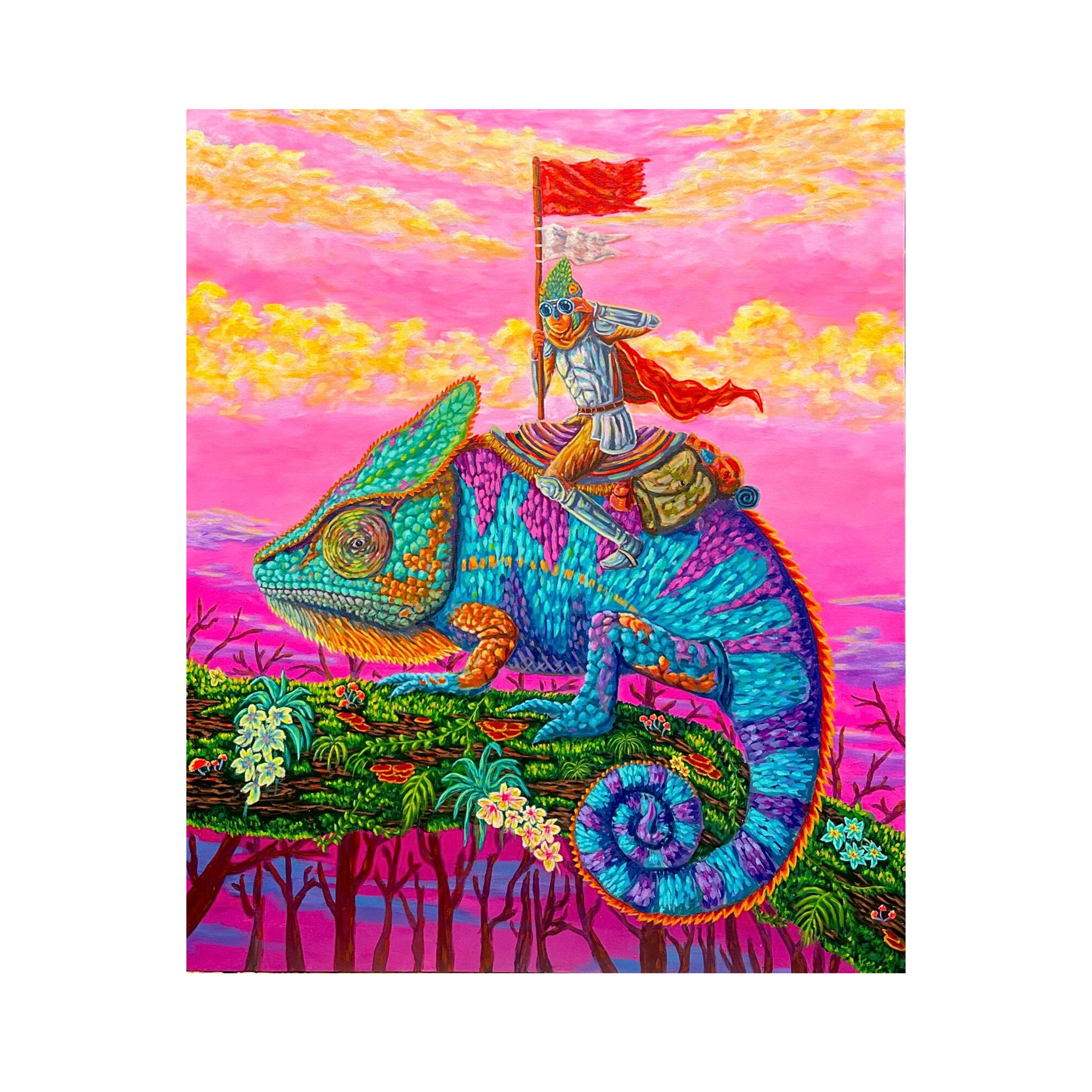 A vibrant original art acrylic painting titled "Menjaga Surga Yang Tersisa" by Rusdan Efendi at 2madison Gallery. This Contemporary Pop Surrealism work depicts a knight-like guardian riding a giant, colorful blue and purple chameleon across a lush branch, set against a surreal pink and orange sky, representing the bold spirit of Art Indonesia and Art Gallery Jakarta.