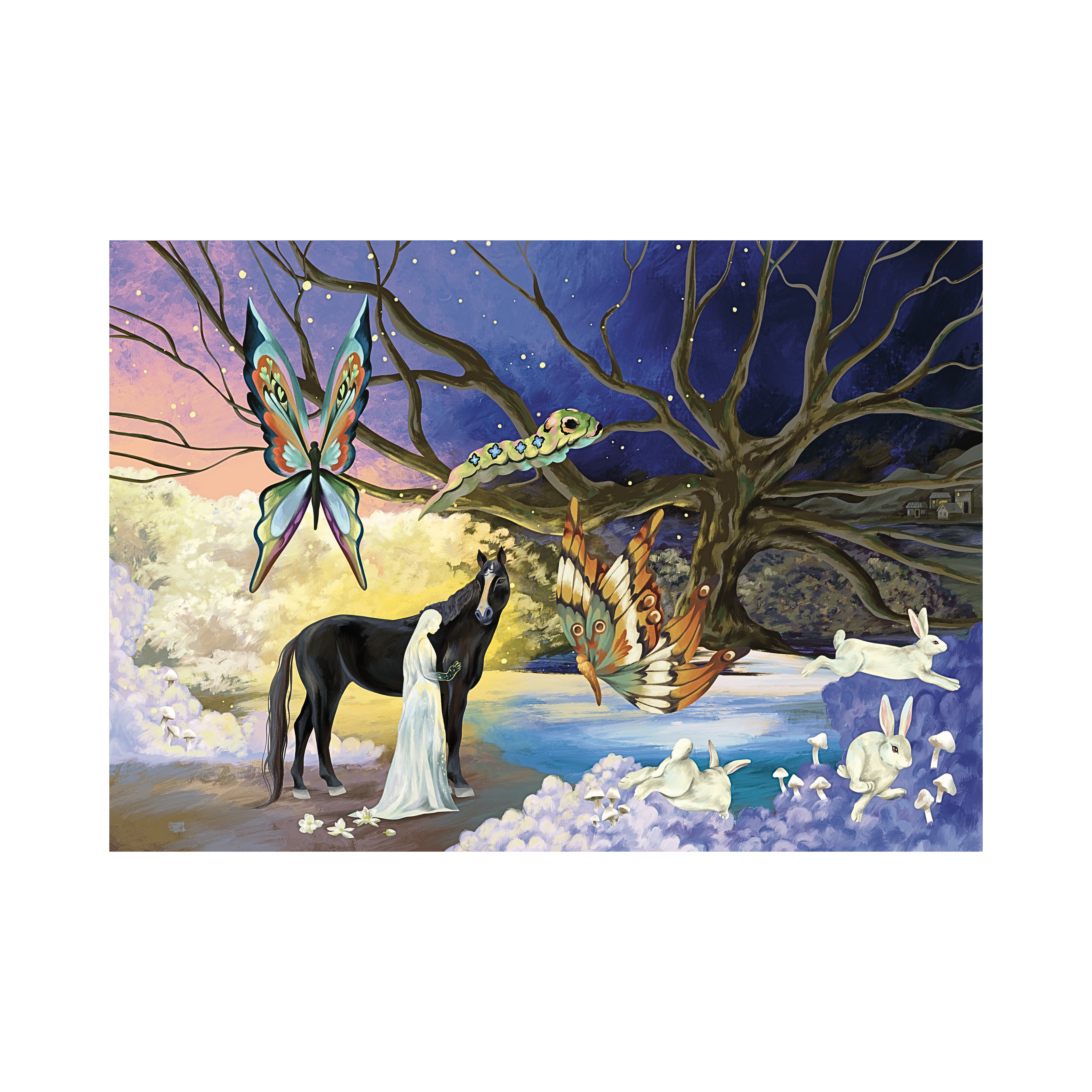 A dreamlike Digital Art Print titled "Moonlight of The Hidden Forest" by Claudia Clara at 2madison Gallery. This Contemporary Magical Realism work features a glowing white goddess figure standing beside a black horse, surrounded by giant butterflies, a caterpillar, and white rabbits in a mystical forest under a starry twilight sky, representing the visionary creativity of Art Indonesia and Art Gallery Jakarta.