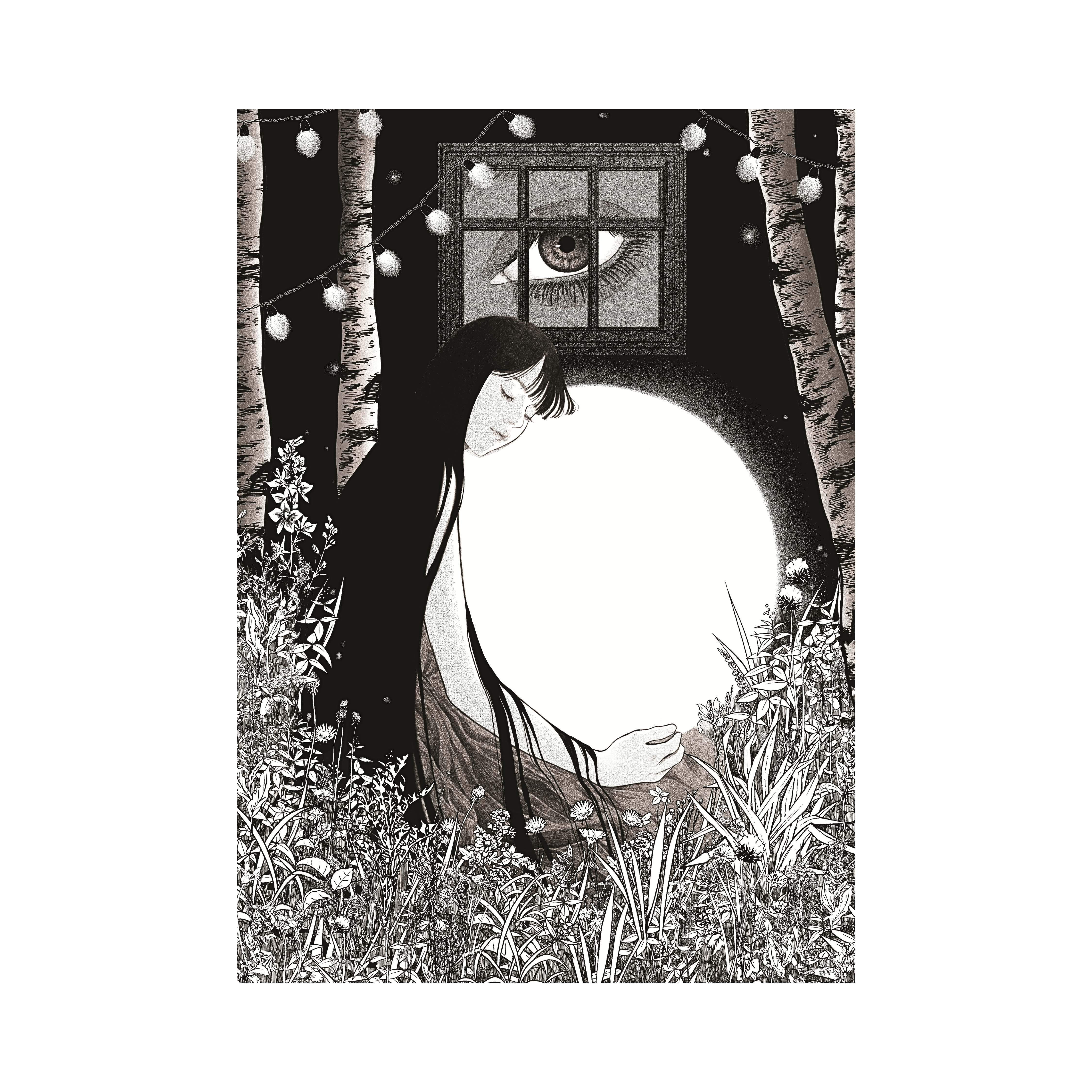 A striking black and white original art digital illustration titled "Safe Haven" by Anwita Citriya at 2madison Gallery. This Digital Art Print features a long-haired woman cradling a large, glowing white orb in a dark forest under the watchful eye of a window in the sky, representing the evocative style of Contemporary Illustrator Asia in Art Indonesia.