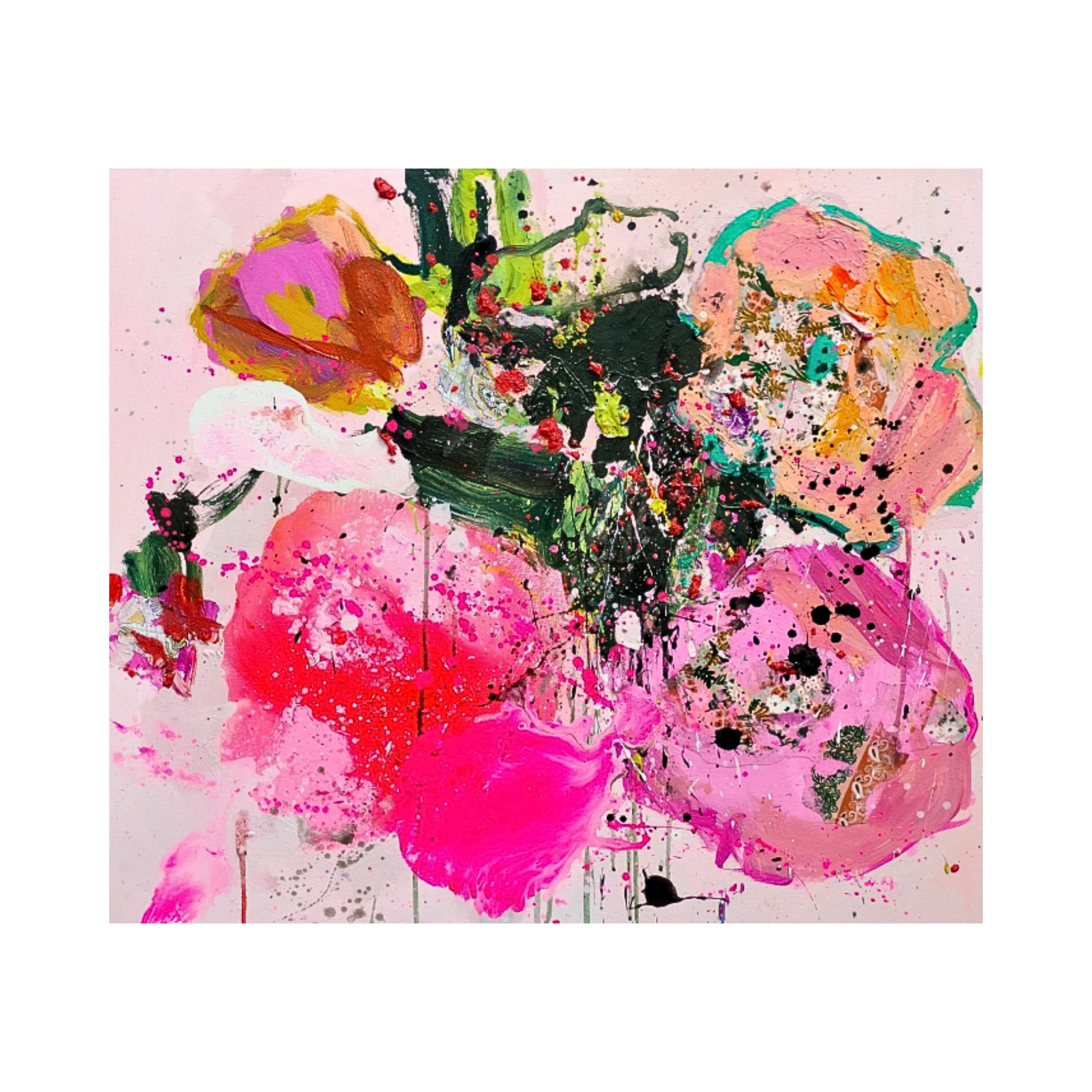 A vibrant original art acrylic painting at 2madison Gallery by Ramadhyan Putri, "Together" (2024) features energetic pink and green floral splashes. This Abstract Expressionism Art work represents the creative diversity of Art Indonesia and the vision of an Emerging Artist Asia curated for the Affordable Art Asia collection.