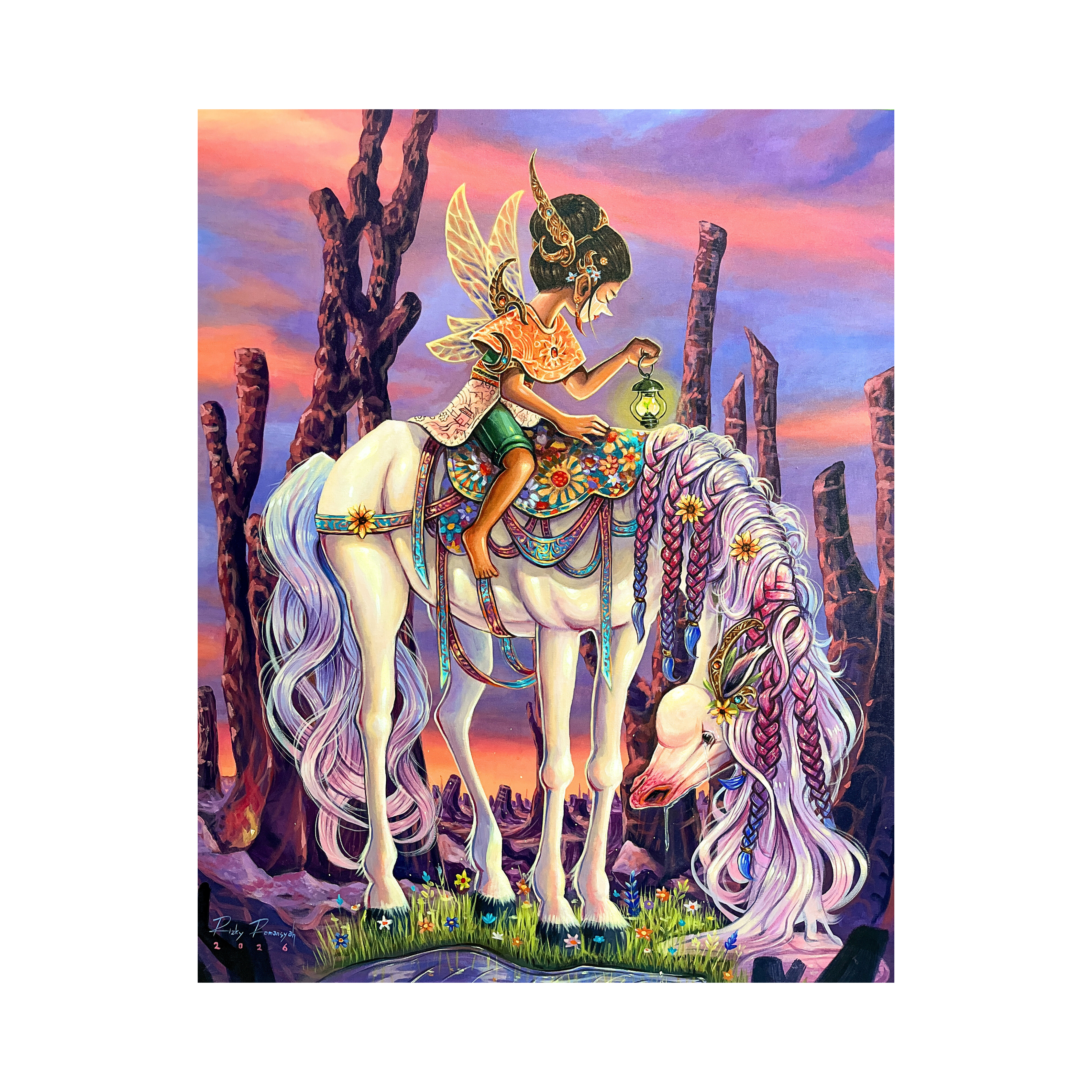 A magical original art acrylic painting titled "An Oasis Amid Destruction" by Rizky Romansyah at 2madison Gallery. This Contemporary art Indonesia work features a winged fairy-like child on a white horse with braided manes, carrying a lantern across a barren pink and purple landscape, showcasing the visionary creativity of Art Indonesia in Gallery Jakarta.