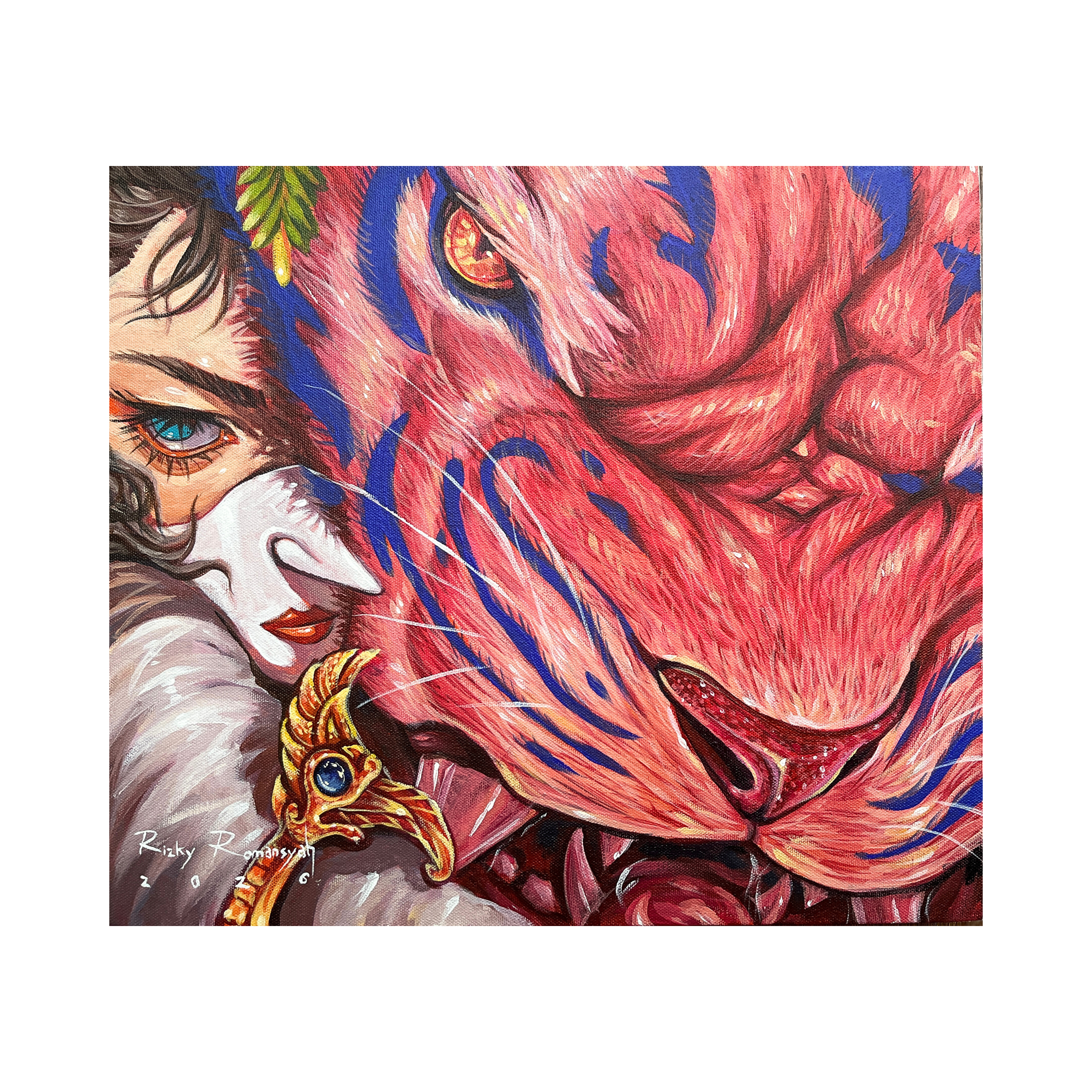 A dramatic original art acrylic painting titled "Holding Back the Fire Tiger" by Rizky Romansyah at 2madison Gallery. This Contemporary art Indonesia work features a close-up of a fierce red tiger with blue stripes and a human figure with a white mask, symbolizing inner strength and discipline found in the Art Indonesia collection of our Gallery Jakarta.