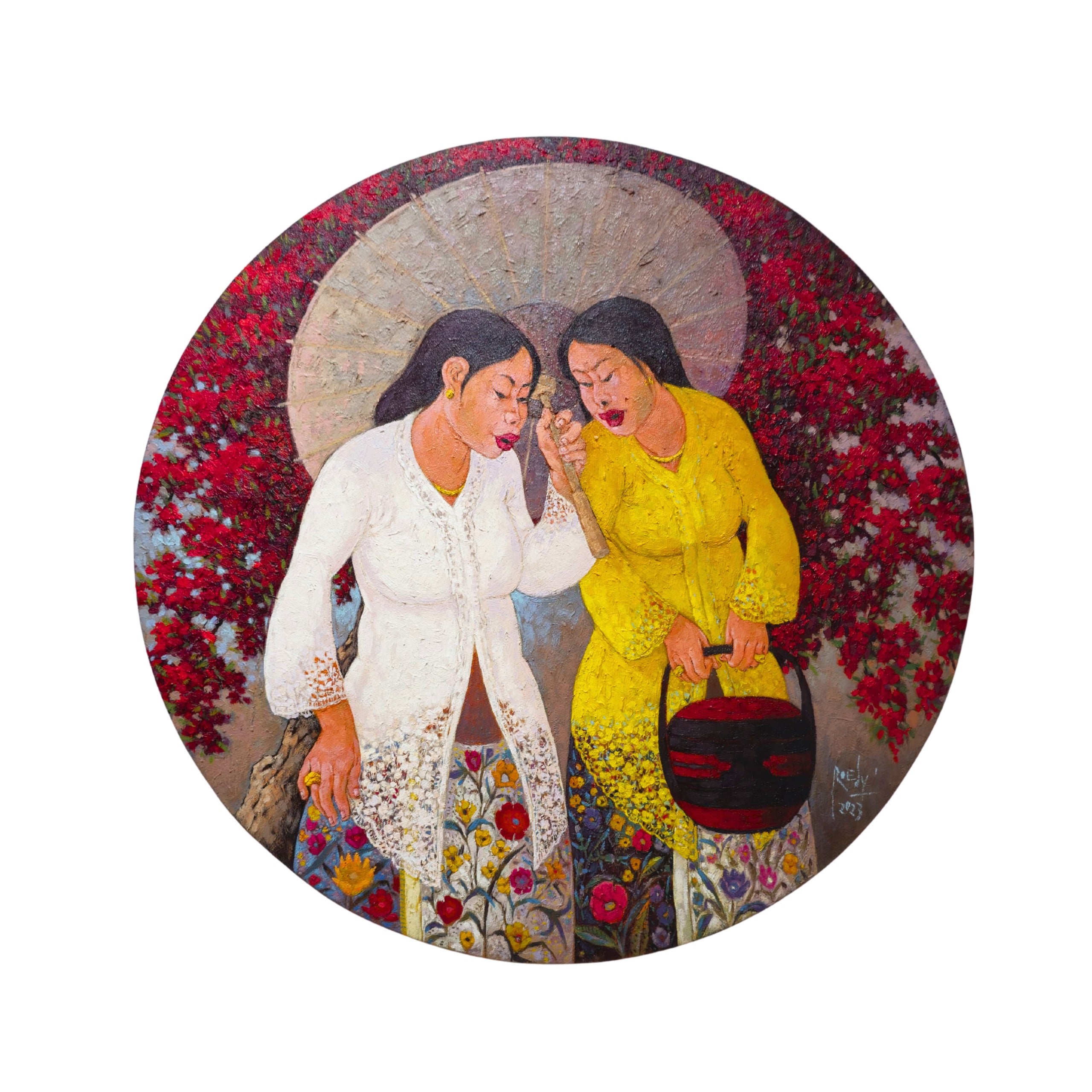 A vibrant original art acrylic painting on a circular canvas titled "Sisterhood" by Rudy Mardijanto at 2madison Gallery. This Contemporary Figurative Impressionism piece features two Javanese women under a parasol, showcasing high-quality Art Indonesia and Contemporary art Asean in our Asian Gallery.