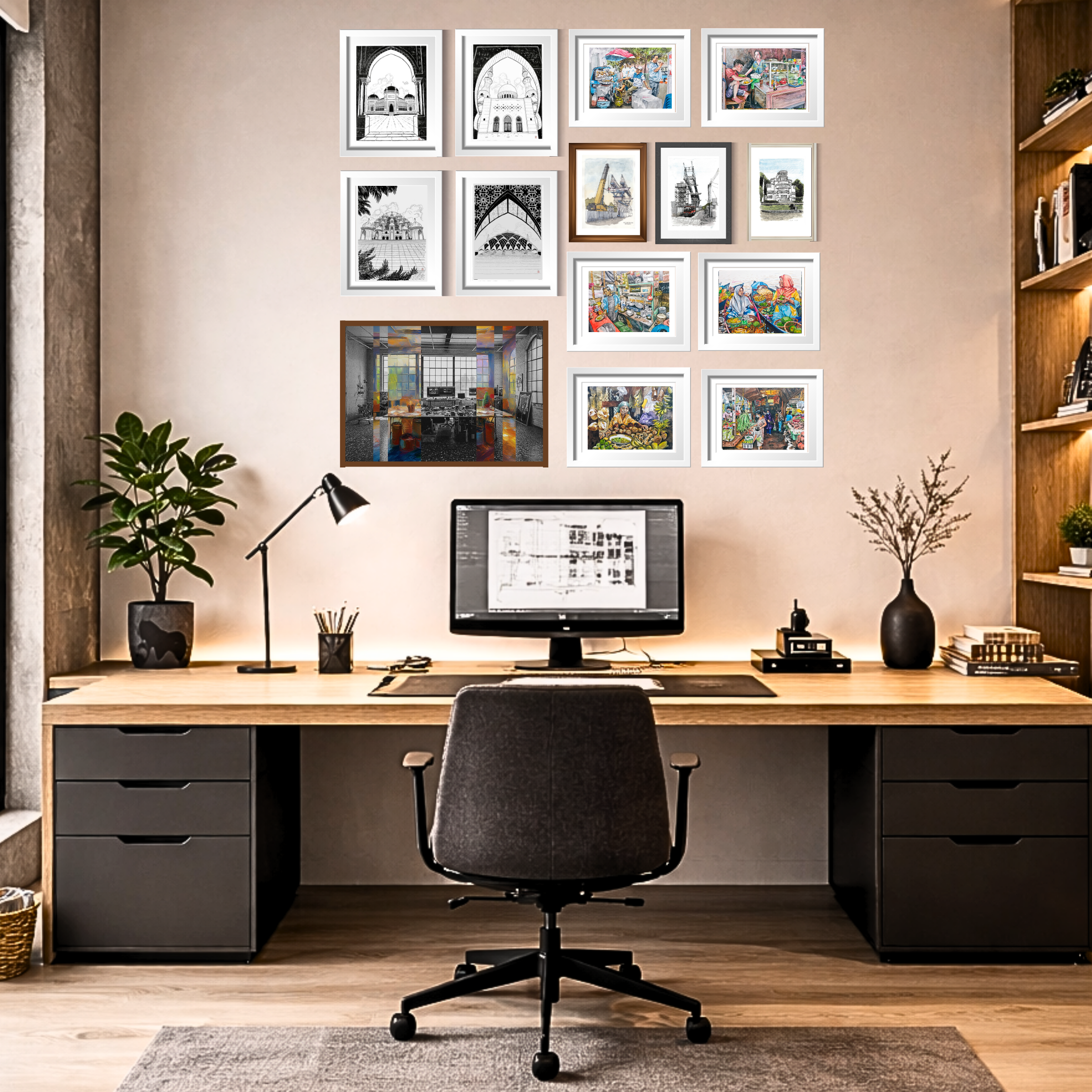 Modern home office with a desk, chair, computer, and wall art.