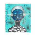 A profound original art acrylic painting titled "Chieftain" by Ricki Roganda Sitepu at 2madison Gallery. This Contemporary Ethno-Surrealism work features a tribal leader with symbolic white fern leaves over the eyes and ears against a turquoise background, representing the creative excellence of Contemporary art Asia found in our Art Gallery Indonesia and Asian Gallery collection.