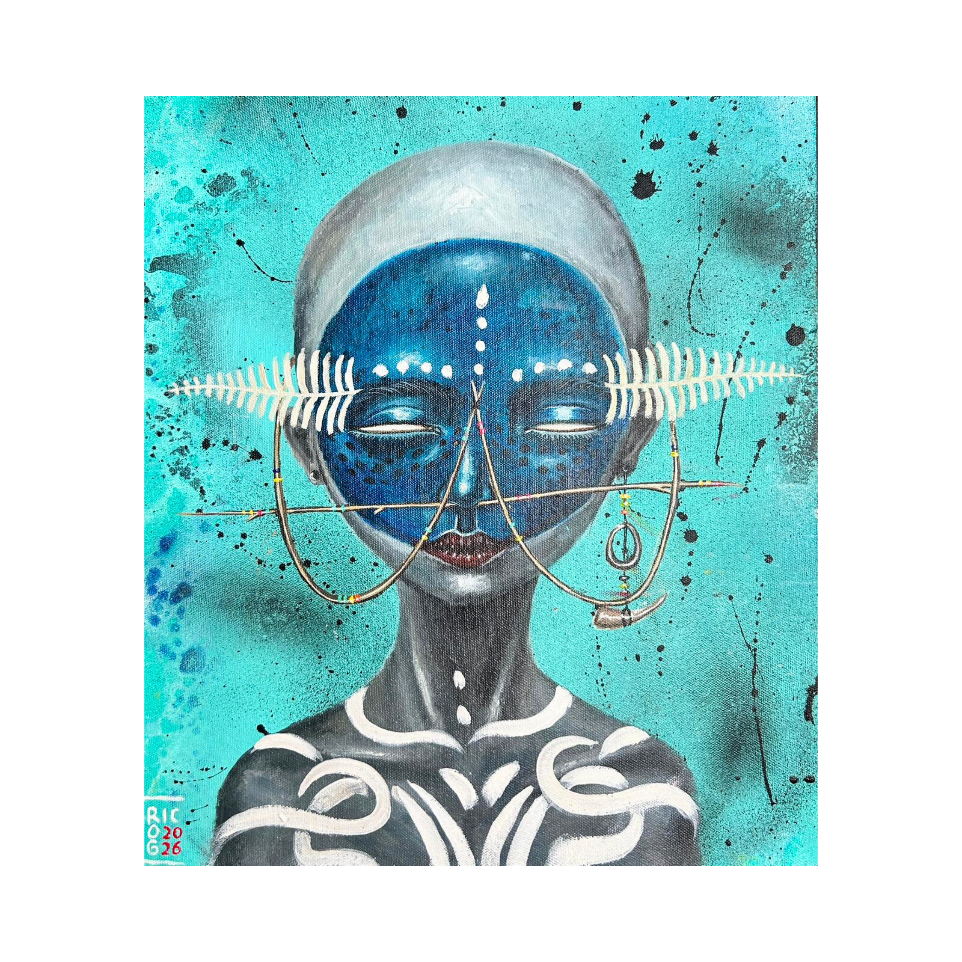 A profound original art acrylic painting titled "Chieftain" by Ricki Roganda Sitepu at 2madison Gallery. This Contemporary Ethno-Surrealism work features a tribal leader with symbolic white fern leaves over the eyes and ears against a turquoise background, representing the creative excellence of Contemporary art Asia found in our Art Gallery Indonesia and Asian Gallery collection.