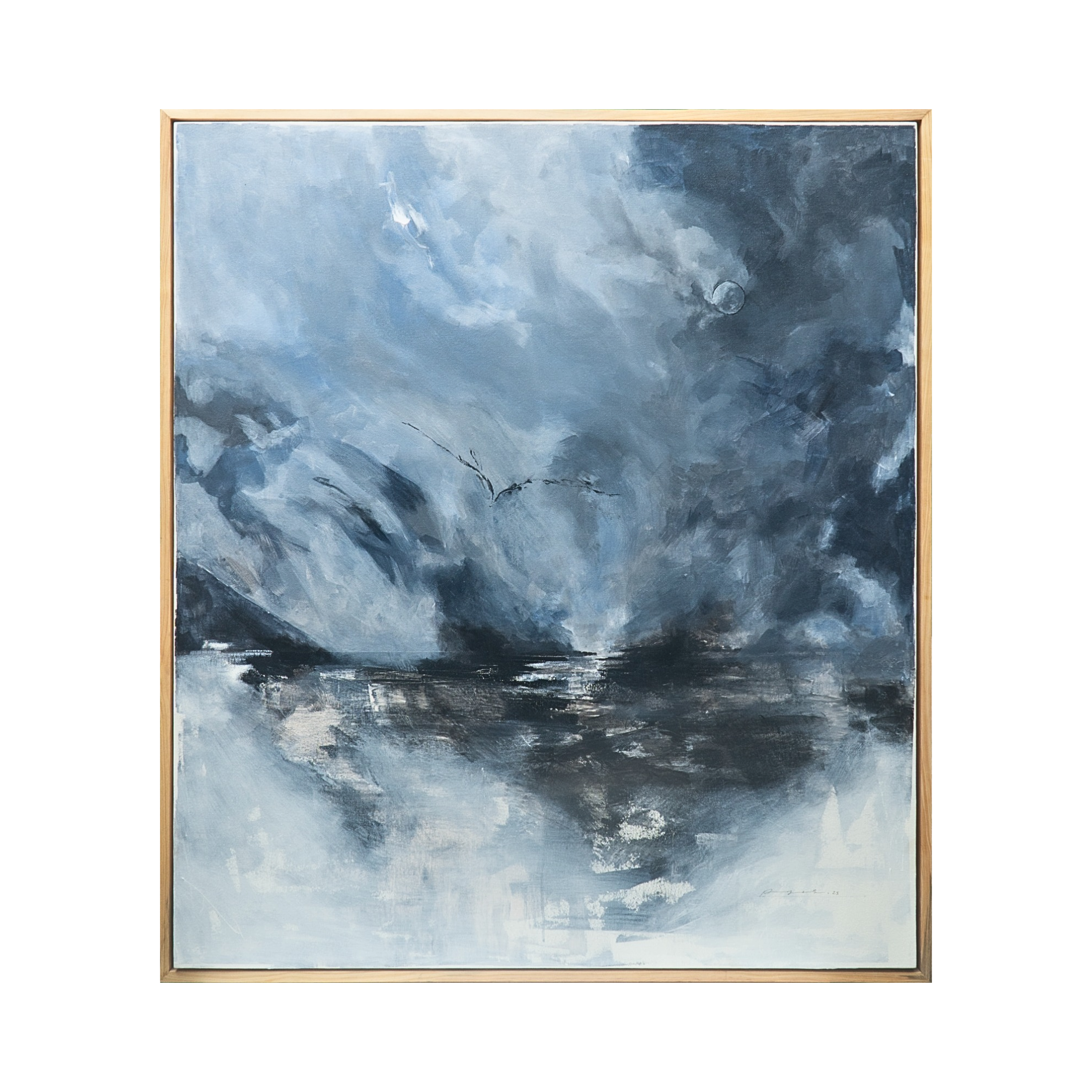 A contemplative original art acrylic painting titled "Love Finds a Way" by M Ajis at 2madison Gallery. This Contemporary Abstract Landscape features expressive blue and grey tones, representing the spiritual depth of an Emerging artist Asia available in our Asian Gallery and Affordable art Asia collection.