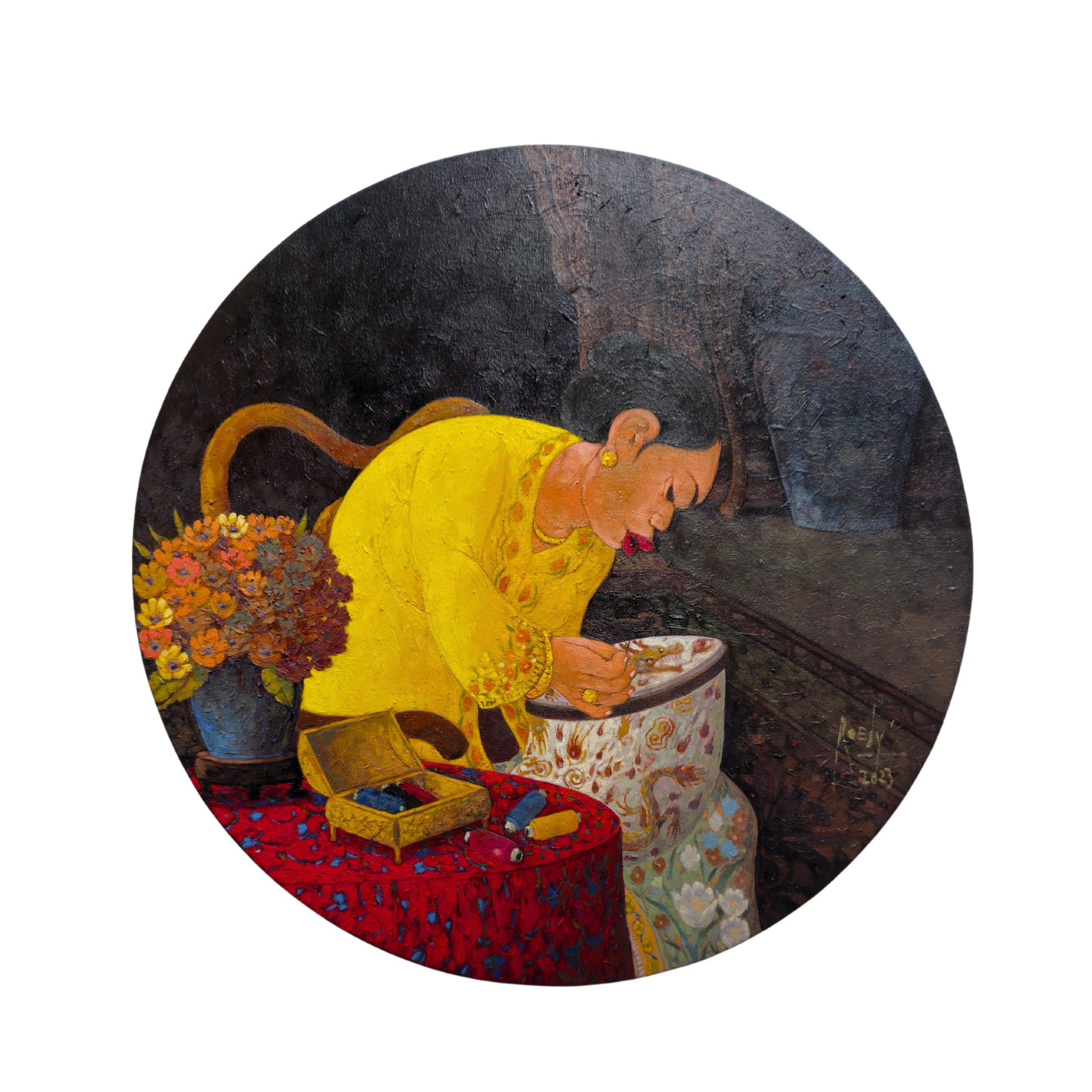 A serene original art acrylic painting on a circular canvas titled "Menyulam" by Rudy Mardijanto at 2madison Gallery. This Contemporary Figurative Impressionism piece features a woman in a yellow kebaya embroidering, representing the finest Art Indonesia and Contemporary art Asean available in our Asian Gallery.