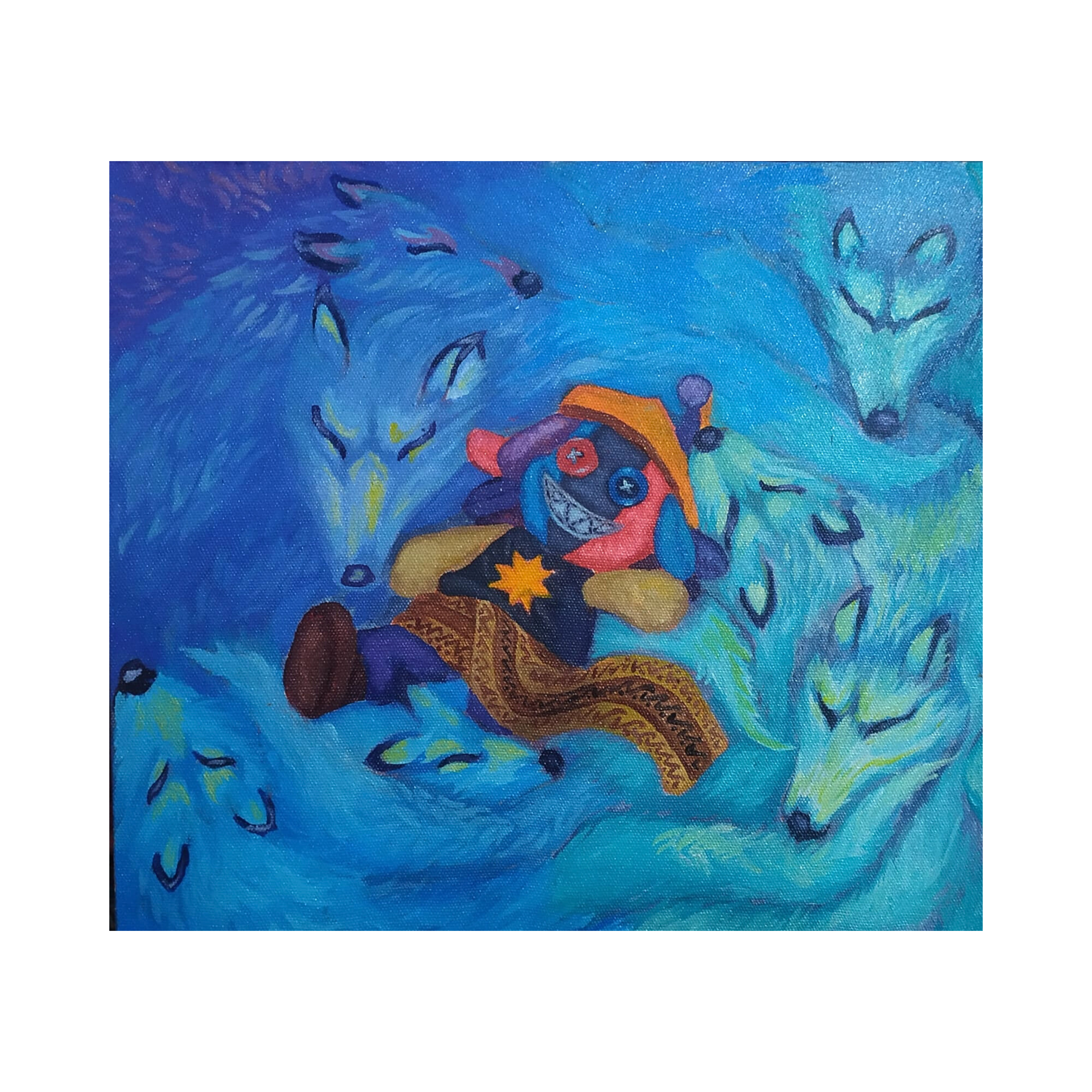 A mysterious original art acrylic painting titled "Sang Penjaga" by Toad Nur Alim at 2madison Gallery. This Contemporary art Asia work features a colorful doll lying amidst a pack of serene blue wolves, representing the spiritual themes found in our Art Gallery Indonesia and Asian Gallery collection.